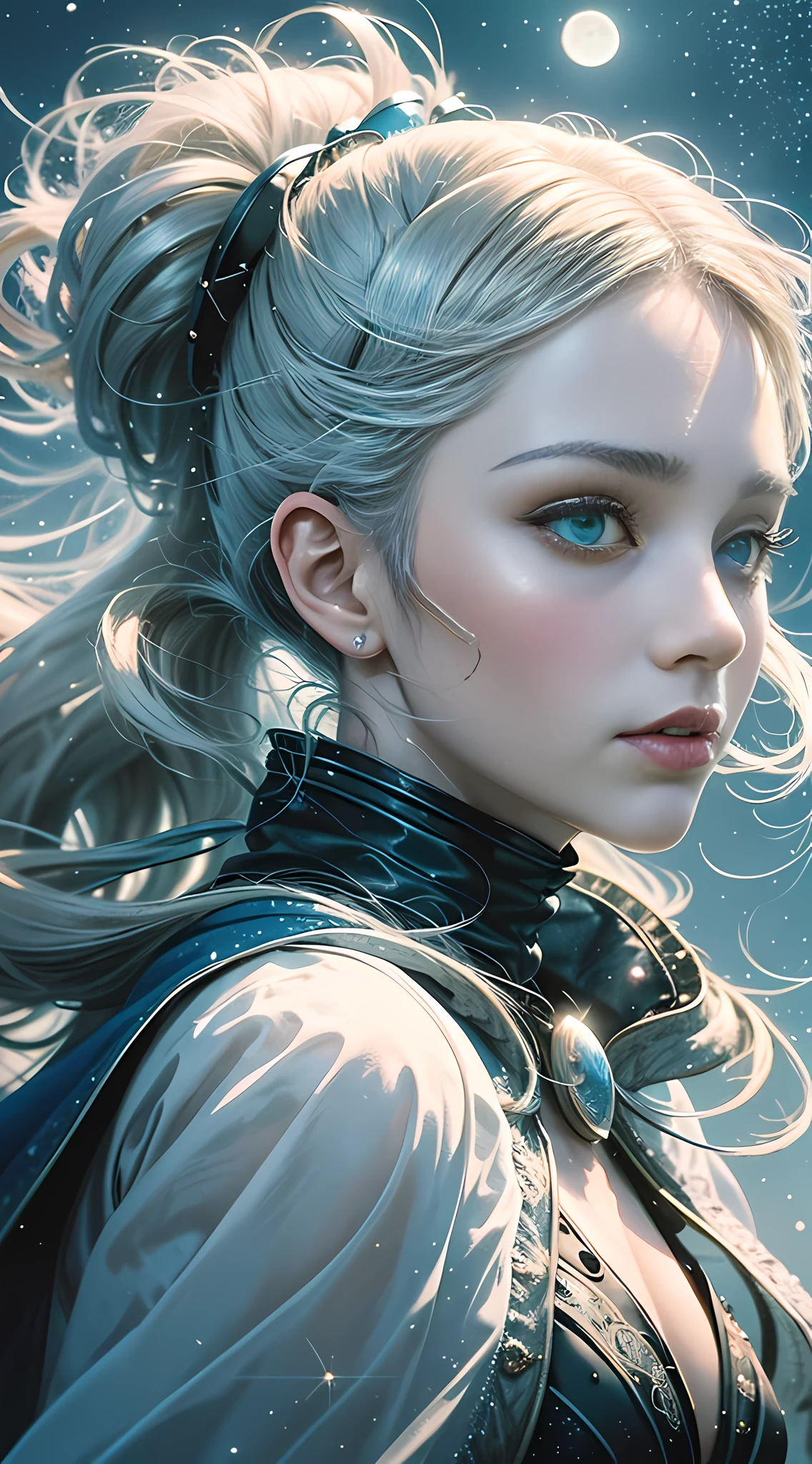 Masterpiece, (Best Quality: 1.2), (Super Fine: 1.2), Illustration, (Extremely Delicate and Beautiful: 1.2), Film Angle, Floating, (Beautiful Detail Eye: 1.1), (Detail Light: 1.1), Film Lights, Delicate Sky, Woman, White Hair, Blue Eyes, (High Ponytail: 1.1), Cloak, Glowing Eyes, (Moon: 1.2), (Moonlight: 1.1), Starry Sky, (Light Particles: 1.1), Fog , snow painting, sketching, blooming