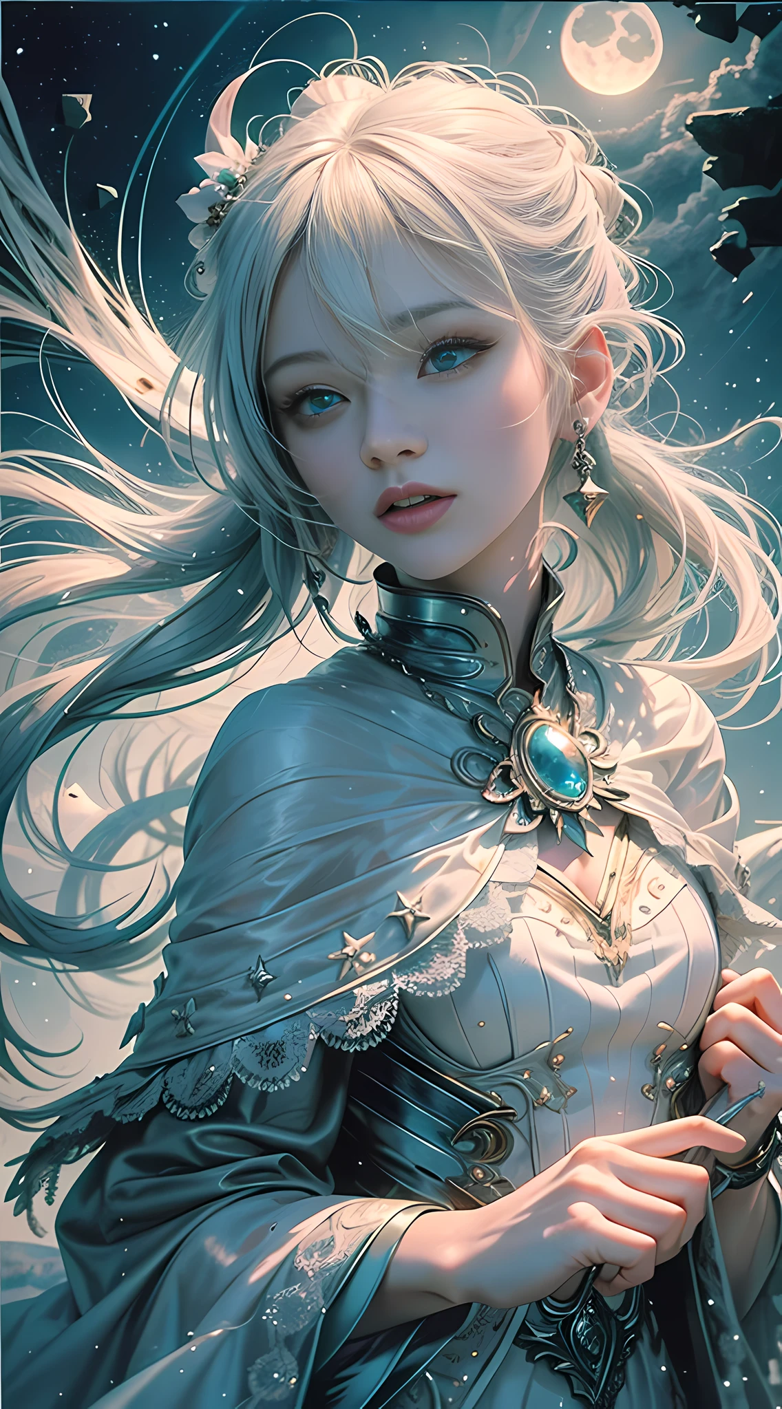 Masterpiece, (Best Quality: 1.2), (Super Fine: 1.2), Illustration, (Extremely Delicate and Beautiful: 1.2), Film Angle, Floating, (Beautiful Detail Eye: 1.1), (Detail Light: 1.1), Film Lights, Delicate Sky, Woman, White Hair, Blue Eyes, (High Ponytail: 1.1), Cloak, Glowing Eyes, (Moon: 1.2), (Moonlight: 1.1), Starry Sky, (Light Particles: 1.1), Fog , snow painting, sketching, blooming