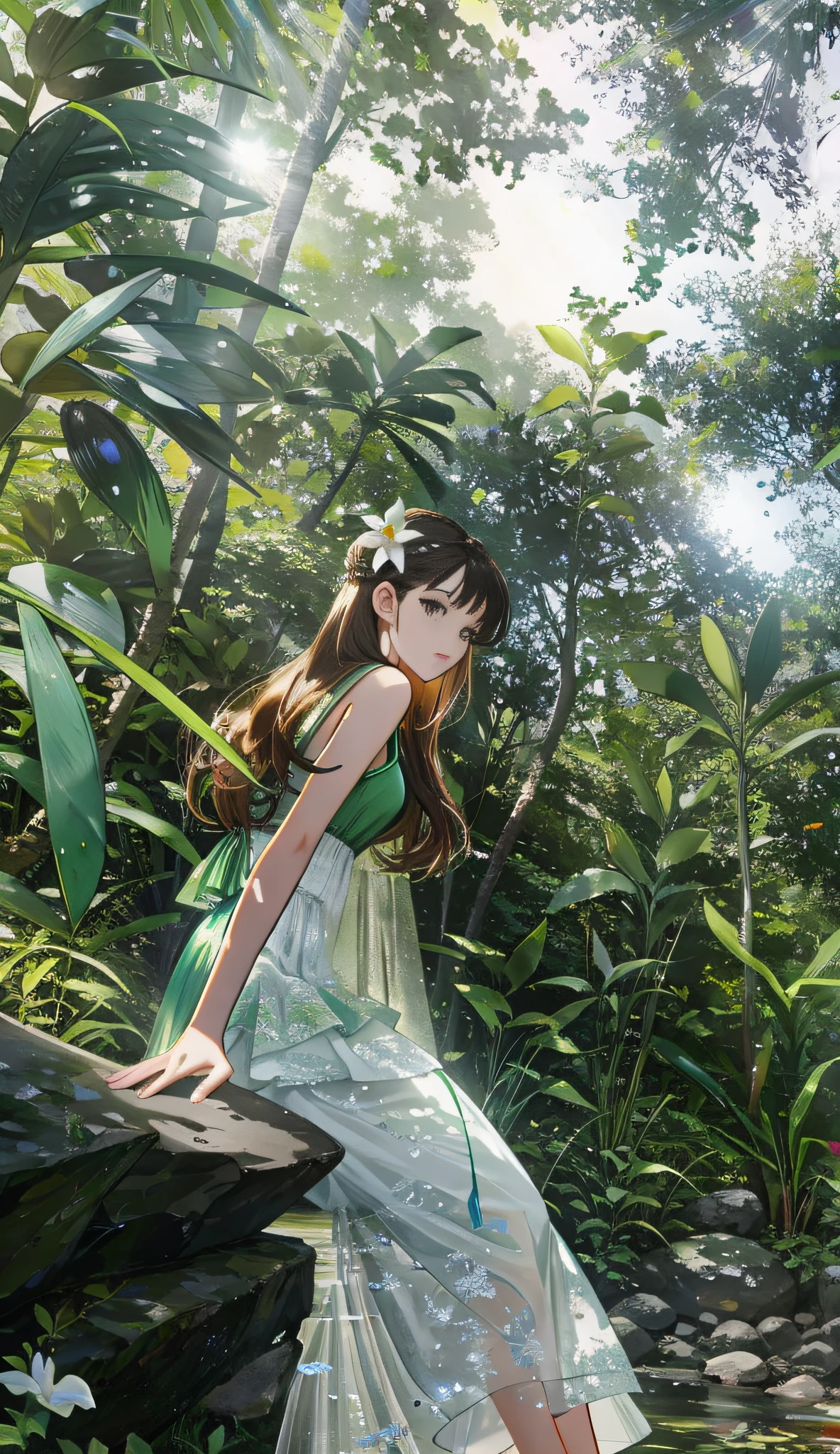 In the tropical forest, the sun is shining, the beauty is sitting on the rock, looking at the camera, the upper body is green silk, the lower body is in a white long dress, the head is wearing white lilies, living in harmony with nature, the goddess of nature, facial details are enhanced, comic book style, close-up of characters, background blurring