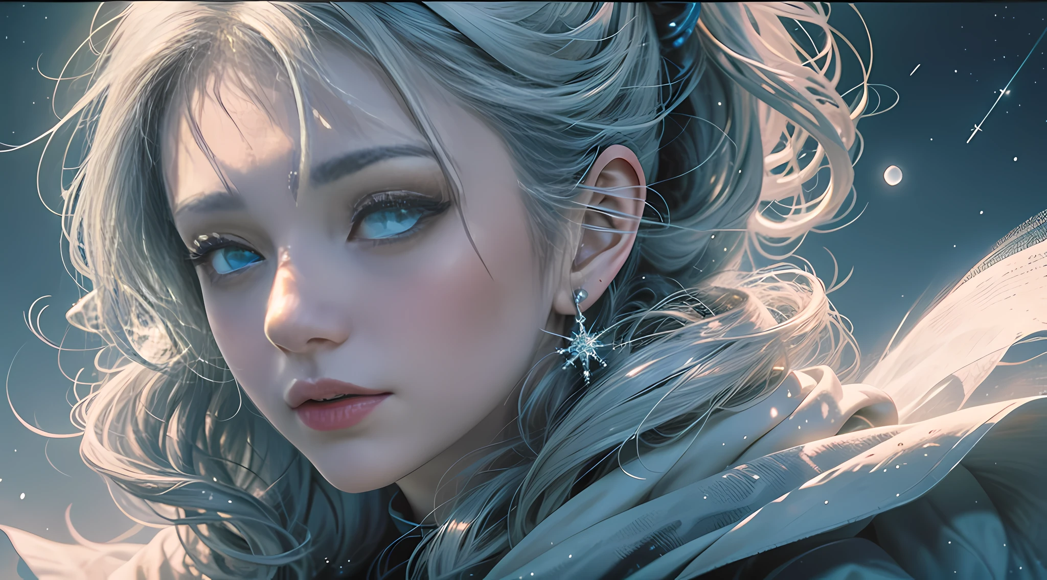 Masterpiece, (Best Quality: 1.2), (Super Fine: 1.2), Illustration, (Extremely Delicate and Beautiful: 1.2), Film Angle, Floating, (Beautiful Detail Eye: 1.1), (Detail Light: 1.1), Film Lights, Delicate Sky, Woman, White Hair, Blue Eyes, (High Ponytail: 1.1), Cloak, Glowing Eyes, (Moon: 1.2), (Moonlight: 1.1), Starry Sky, (Light Particles: 1.1), Fog , snow painting, sketching, blooming