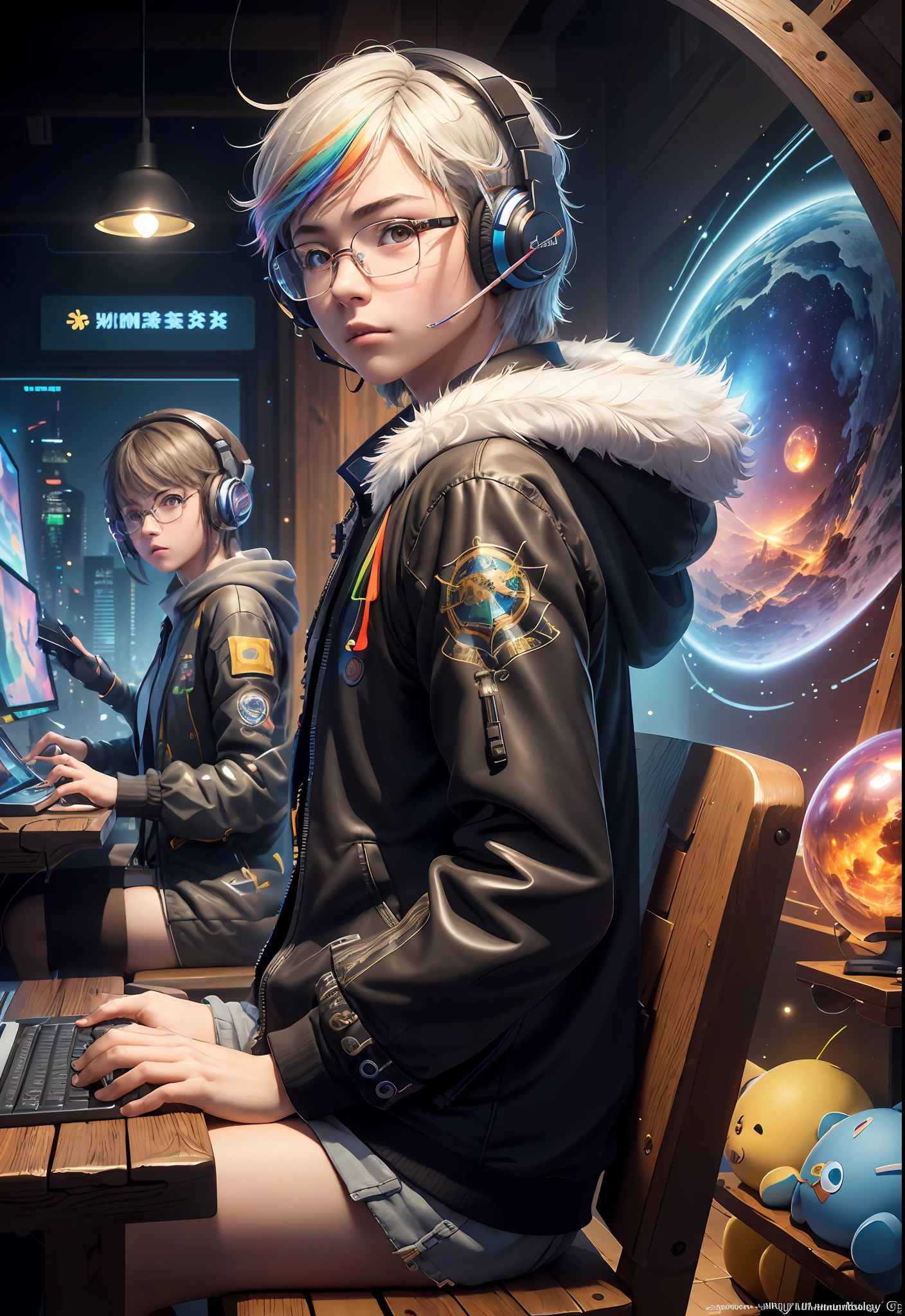 Masterpiece, Best Illustration, Solo, Multiplayer, Handsome Glasses-kun, White-haired Boy, Blonde Girl, Seated, Keyboard \ (Computer \), Fur Decoration, Computer, Monitor, Hood, Jacket, Hood Down (Chair, Headphones, City, Instrument, Cyberpunk, Wooden Toys,\(\(Intricate Details\)\), Color Details, Rainbow Color BREAK, \(\(Best Quality of Masterpiece\)\), 4K, Ultra Detail, Detailed Lighting, \((Inspired by Hayao Miyazaki)\), Official Art, Propaganda art, composition, a giant mirror ball floating in space, twinkling lights, sad lost, particles in the air, intricate fractals, detailed, (illustration), masterpiece, high resolution, best quality. Illuminate people, colorful, master composition, focus on key figures, realism, masterpiece, award-winning, best quality, masterpiece, ultra-detailed, 8K, extremely detailed CG Unity 8k wallpaper, complex, highly detailed, realistic