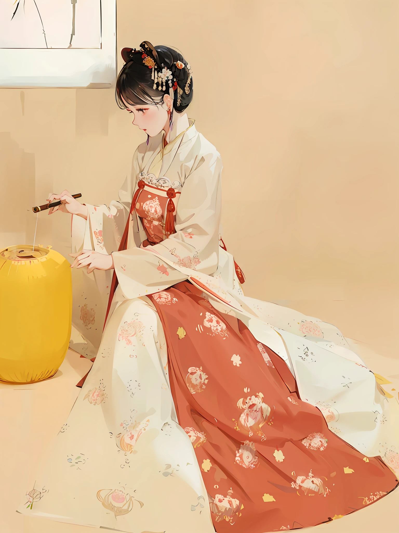 araffe woman in a traditional dress sitting on the floor, hanfu, white hanfu, wearing ancient chinese clothes, traditional chinese clothing, palace ， a girl in hanfu, tang dynasty, with acient chinese clothes, chinese costume, traditional chinese, traditional beauty, inspired by Tang Di, wearing ornate silk clothes, chinese style, chinese dress, traditional dress