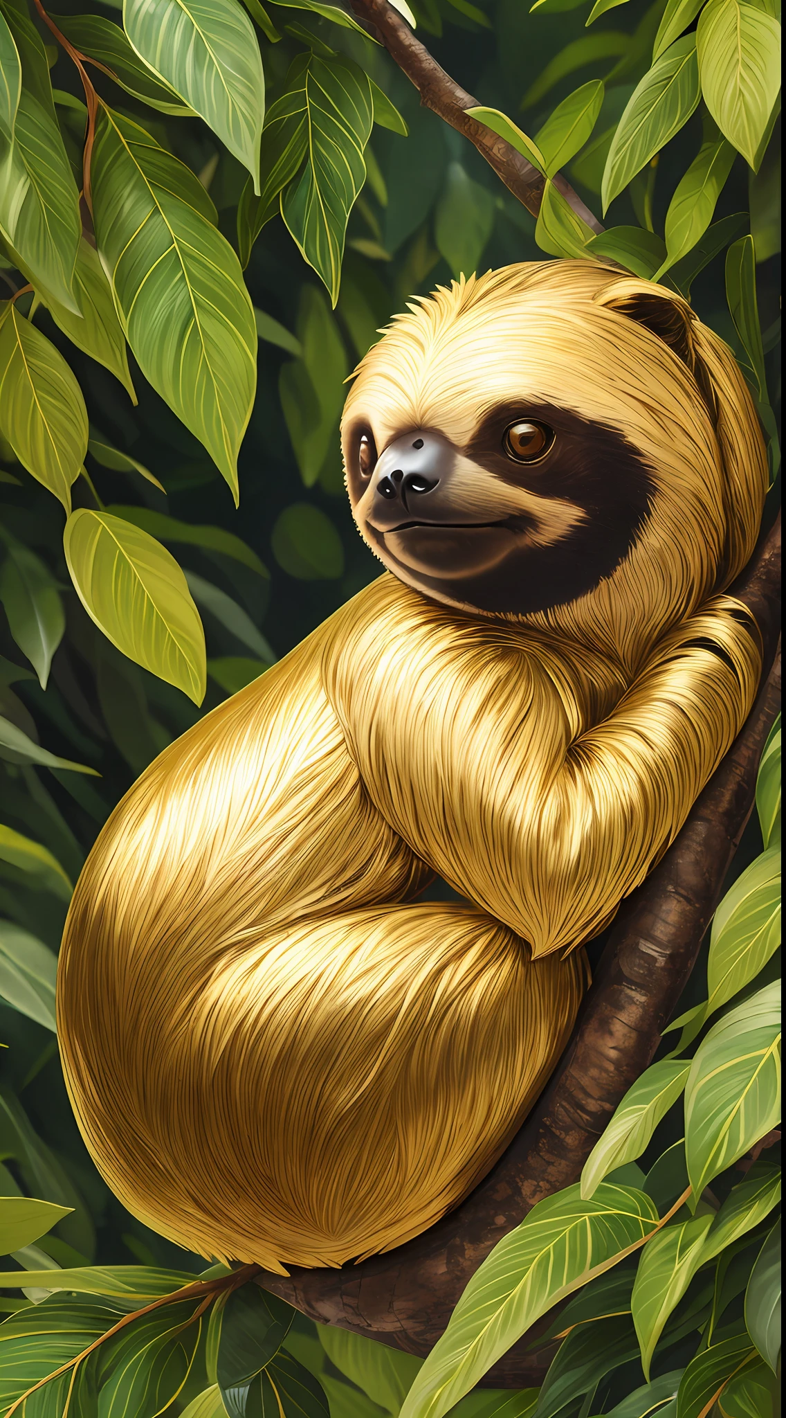 Golden Sloth: This NFT is a unique specimen from our collection, featuring a golden sloth in a lush environment. The image portrays the sloth resting on a tree branch, with its shiny, metallic fur capturing the sunlight. Impressive details have been meticulously crafted to emphasize the realistic texture and golden glow. The Golden Sloth represents peace, prosperity, and serenity, while exuding a luxurious aesthetic. --auto --s2
