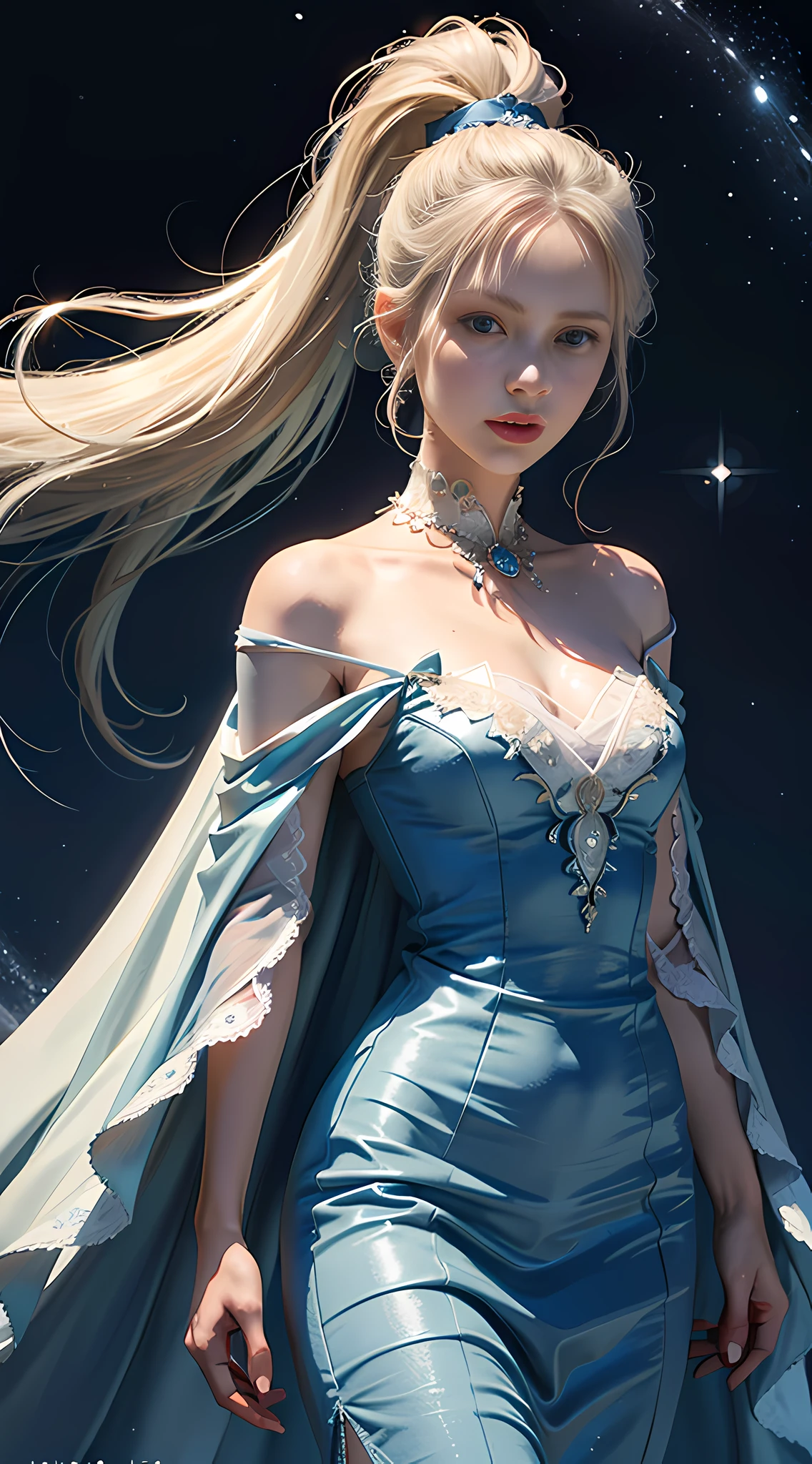 Masterpiece, (Best Quality: 1.2), (Super Fine: 1.2), Illustration, (Extremely Delicate and Beautiful: 1.2), Film Angle, Floating, (Beautiful Detail Eye: 1.1), (Detail Light: 1.1), Film Lights, Delicate Sky, Woman, White Hair, Blue Eyes, (High Ponytail: 1.1), Cloak, Glowing Eyes, (Moon: 1.2), (Moonlight: 1.1), Starry Sky, (Light Particles: 1.1), Fog , snow painting, sketching, blooming