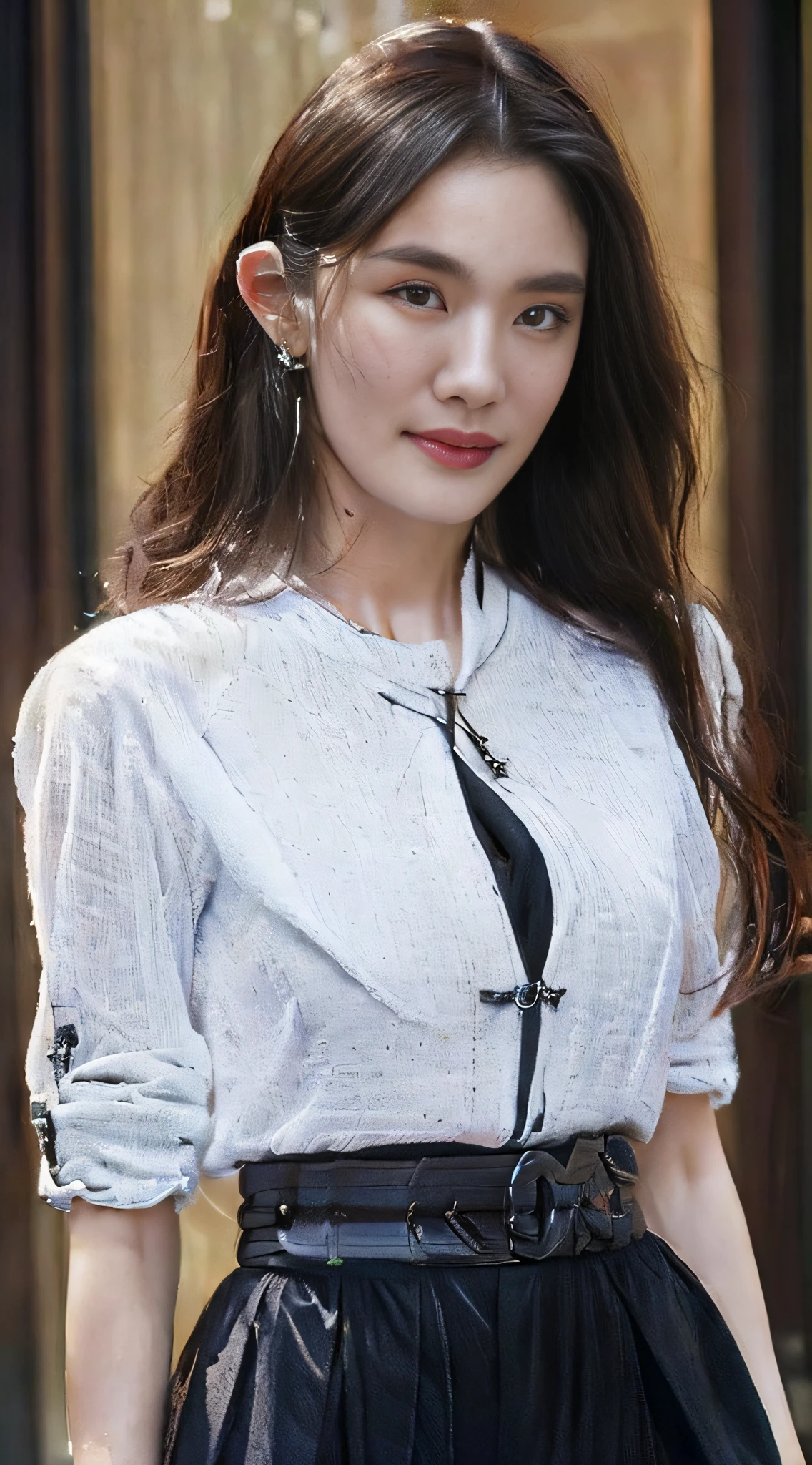 (Best quality, High resolution, Masterpiece :1.3), A tall and pretty woman, Slender abs, Dark brown hair styled in loose waves, Breasts, Wearing pendant, White button up shirt, Belt, Black skirt, (Modern architecture in background), Details exquisitely rendered in the face and skin texture, Detailed eyes, Double eyelid