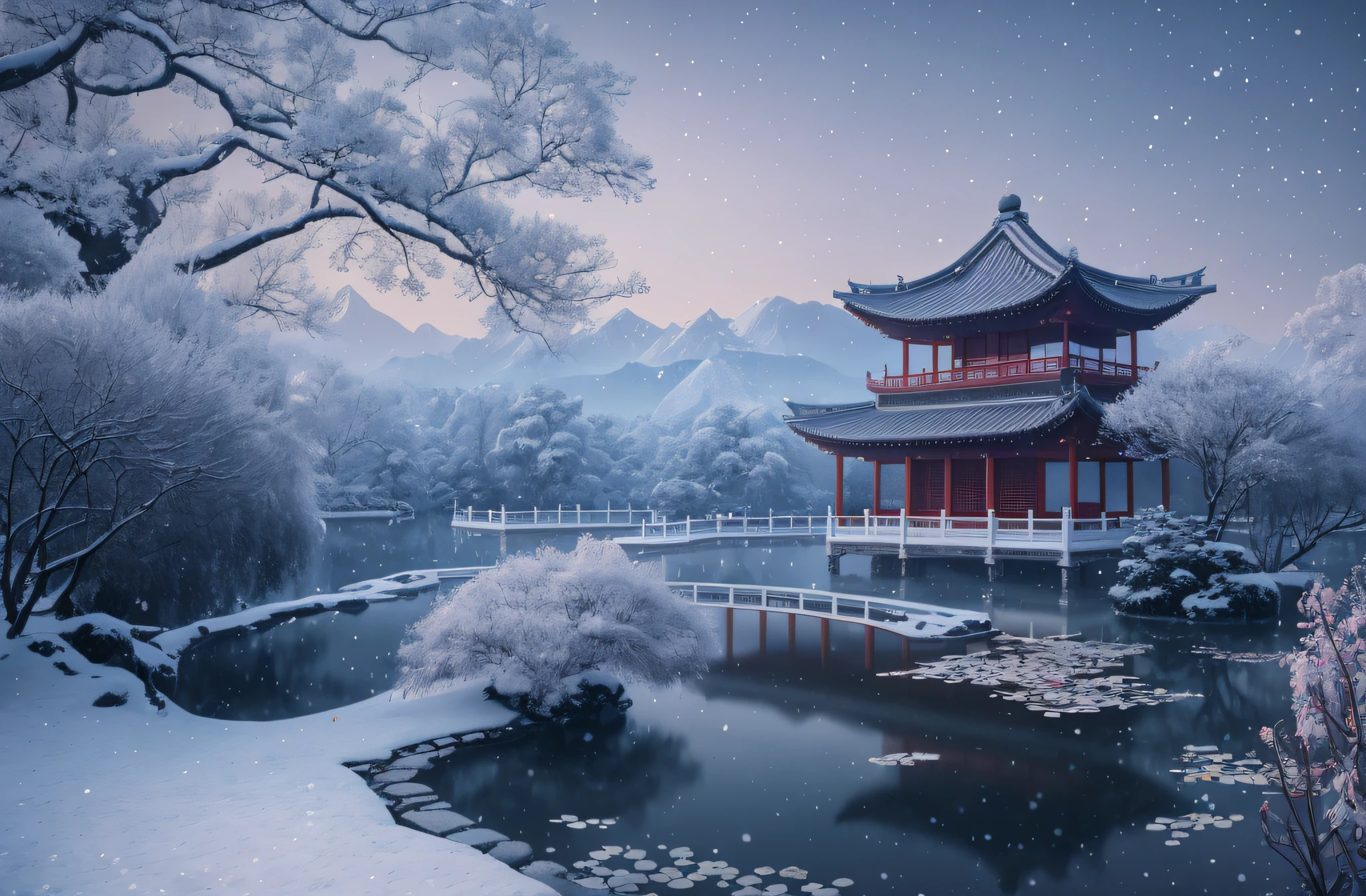 snowy scene of a pagoda and a pond in a park, digital painting of a pagoda, beautiful render of tang dynasty, chinese landscape, beautiful art uhd 4 k, japonisme 3 d 8 k ultra detailed, beautiful snowy landscape, 4k highly detailed digital art, oriental wallpaper, winter scene fantasy, beautiful digital artwork, japanese landscape, highly detailed digital artwork