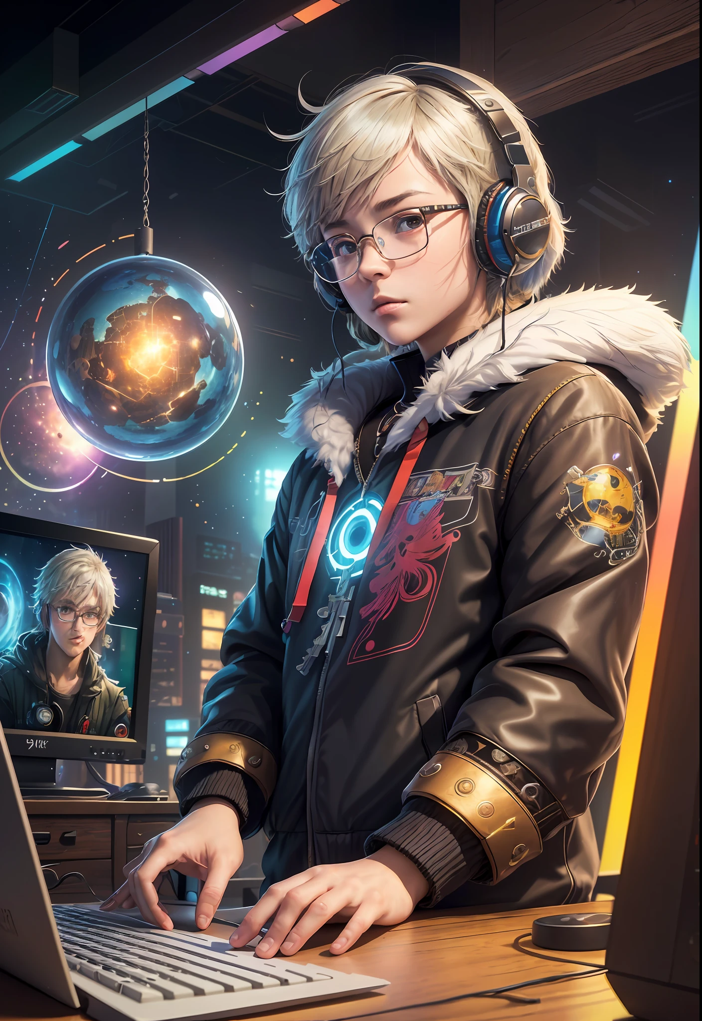 Masterpiece, Best Illustration, Solo, Multiplayer, Handsome Glasses-kun, White-haired Boy, Blonde Girl, Seated, Keyboard \ (Computer \), Fur Decoration, Computer, Monitor, Hood, Jacket, Hood Down (Chair, Headphones, City, Instrument, Cyberpunk, Wooden Toys,\(\(Intricate Details\)\), Color Details, Rainbow Color BREAK, \(\(Best Quality of Masterpiece\)\), 4K, Ultra Detail, Detailed Lighting, \((Inspired by Hayao Miyazaki)\), Official Art, Propaganda art, composition, a giant mirror ball floating in space, twinkling lights, sad lost, particles in the air, intricate fractals, detailed, (illustration), masterpiece, high resolution, best quality. Illuminate people, colorful, master composition, focus on key figures, realism, masterpiece, award-winning, best quality, masterpiece, ultra-detailed, 8K, extremely detailed CG Unity 8k wallpaper, complex, highly detailed, realistic