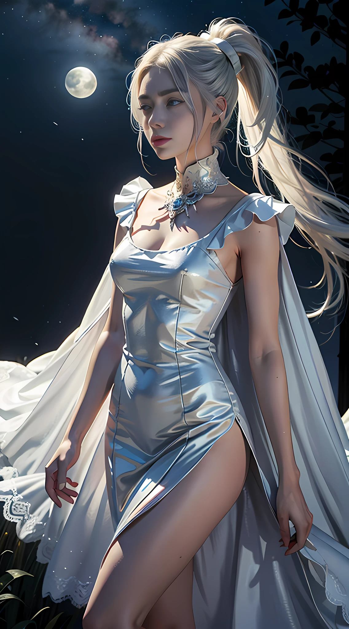 Masterpiece, (Best Quality: 1.2), (Super Fine: 1.2), Illustration, (Extremely Delicate and Beautiful: 1.2), Film Angle, Floating, (Beautiful Detail Eye: 1.1), (Detail Light: 1.1), Film Lights, Delicate Sky, Woman, White Hair, Blue Eyes, (High Ponytail: 1.1), Cloak, Glowing Eyes, (Moon: 1.2), (Moonlight: 1.1), Starry Sky, (Light Particles: 1.1), Fog , snow painting, sketching, blooming