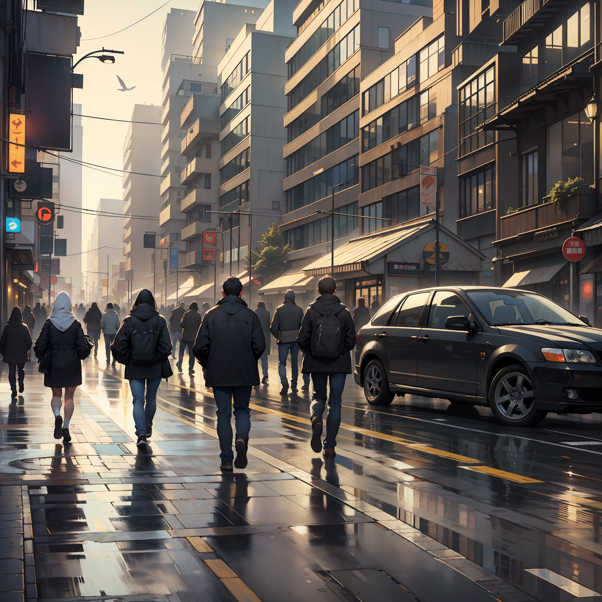 ((realistic: 1.5)),((best quality)), ((masterpiece)),((detailed)), moved street, people walking on the street, urban city,