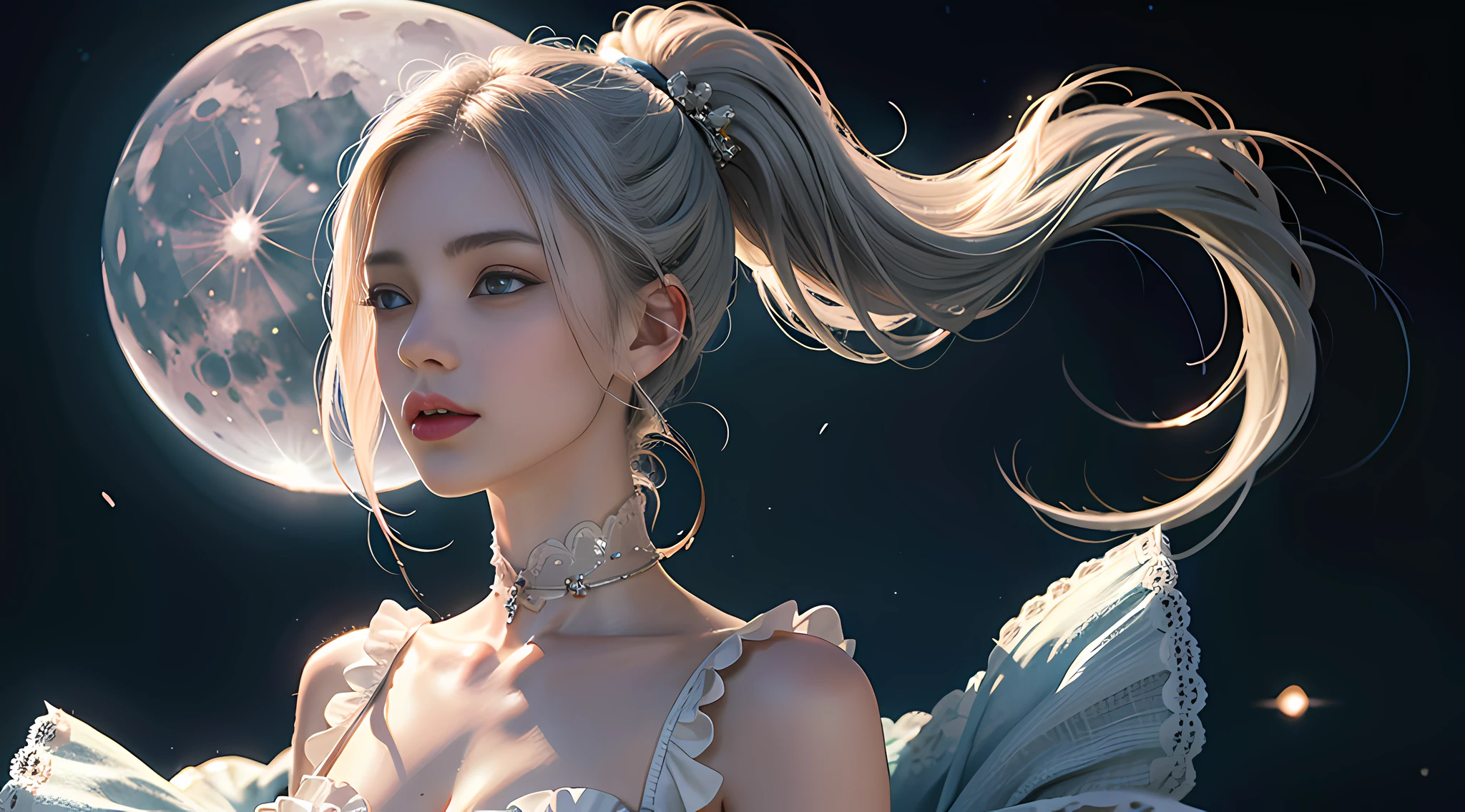 Masterpiece, (Best Quality: 1.2), (Super Fine: 1.2), Illustration, (Extremely Delicate and Beautiful: 1.2), Film Angle, Floating, (Beautiful Detail Eye: 1.1), (Detail Light: 1.1), Film Lights, Delicate Sky, Woman, White Hair, Blue Eyes, (High Ponytail: 1.1), Cloak, Glowing Eyes, (Moon: 1.2), (Moonlight: 1.1), Starry Sky, (Light Particles: 1.1), Fog , snow painting, sketching, blooming