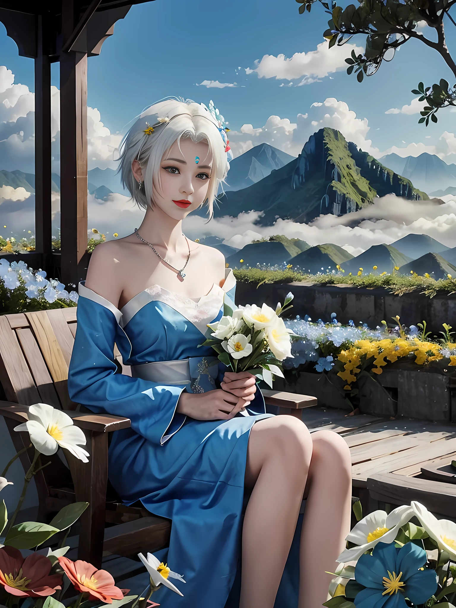 (Back facing audience: 1.3), Rackflower, (wearing red wedding dress: 1.4), BREAK 1 girl, full body, (white hair, short hair), chuckling, BREAK (holding flowers, blue flowers, clouds, sky, fog, Vietnamese mountain view, gardens around Vietnam, birds around Vietnam: 1.3), BREAK night light, theater light, earrings, necklace, bracelet