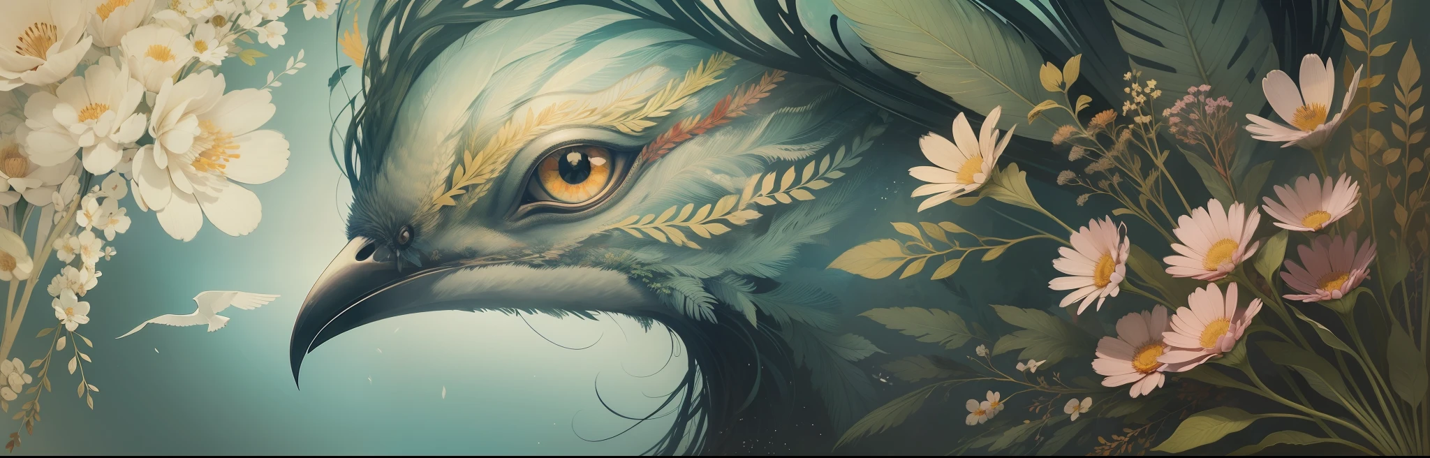 image in Anne wth an E opening style, foliage, abstract art, faded colors, mind, brain, birds flying, flowers,