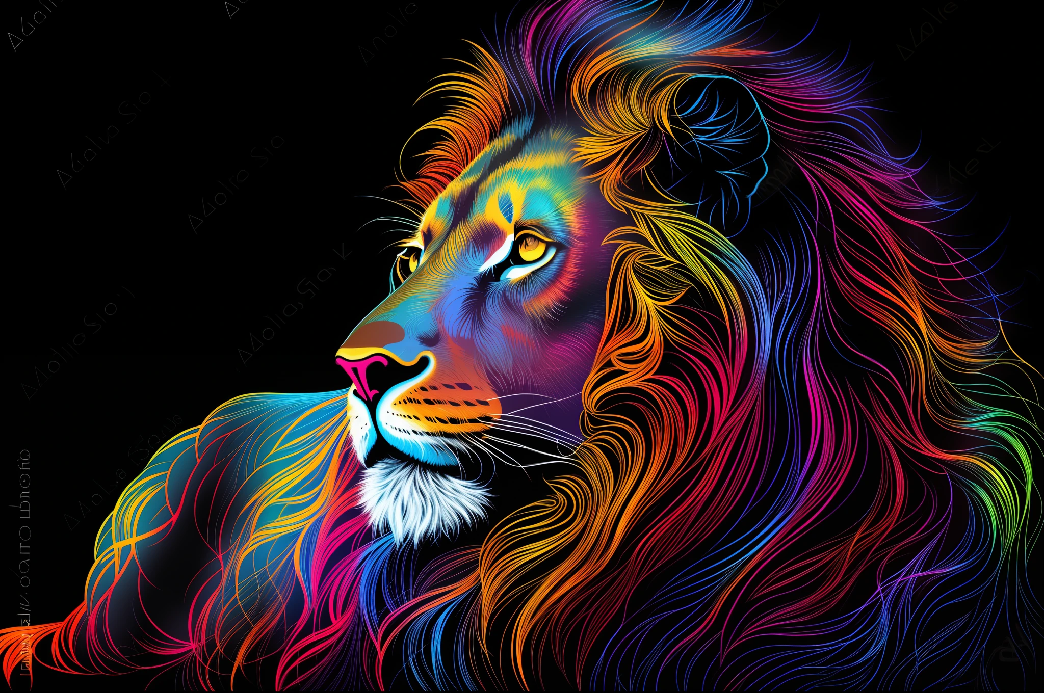 a close up of a lion with a black background, lion, high resolution digital art, digital art animal photo, full color digital art, the mane of a lion, with the mane of a lion, colorful digital painting, digital painting”, vibrant digital painting, painted digital art, lion head, highly detailed digital artwork, psychedelic art style, mane, portrait of a lion