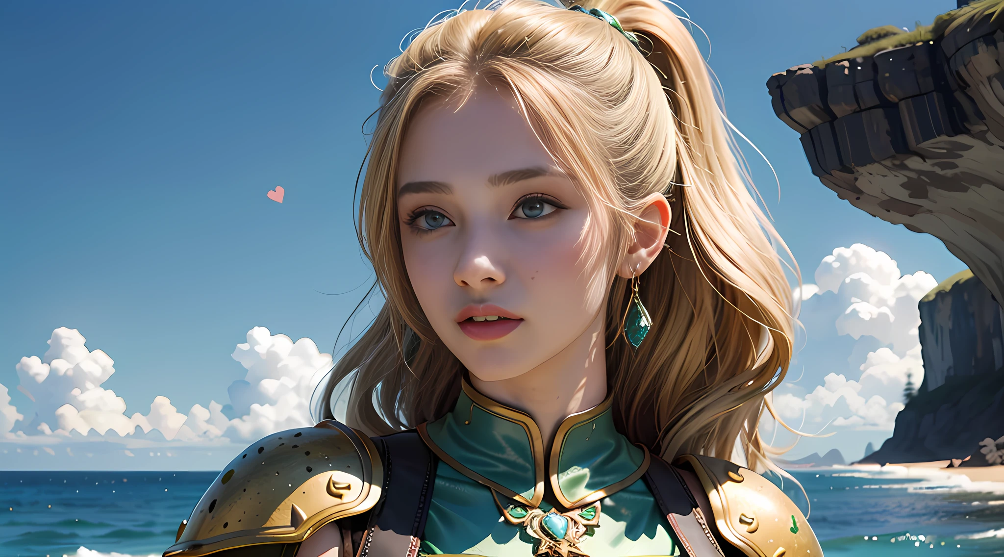 kusari armor, glowing, tall, thin, heart-shaped face, olive skin, blonde hair, brown eyes with green spots, straight nose, full lips, prominent chin, shoulder-length hair, fine hair, formal updo, round breasts, artificial earrings, a dramatic cliffside with rough waters below,