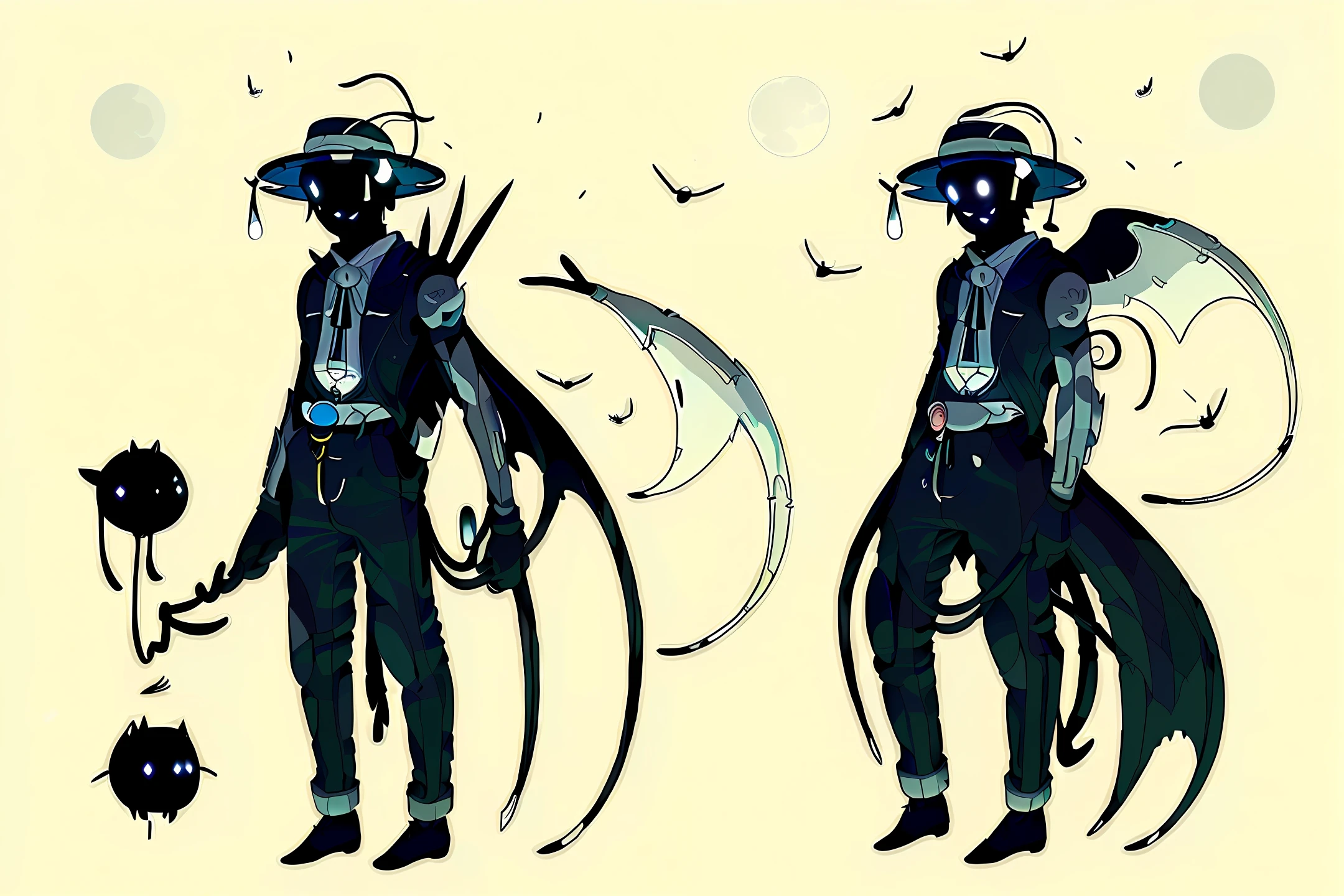Tall black man, wearing a black hat, with bat wings, floating in the mist at night, illuminated by the full moon