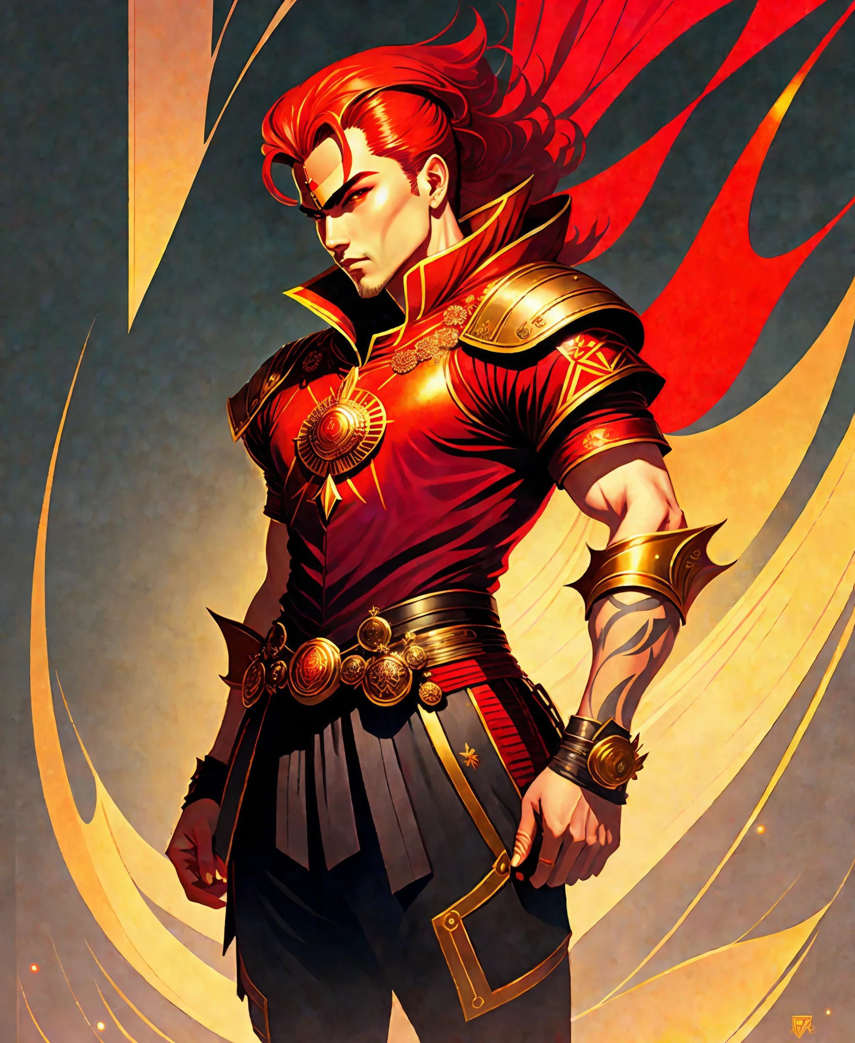 Flash Gordon as a vintagepunk samurai, dark grey background, red and golden details, artstation, hyperdetailed, 8k, beautiful lighting, artstation by James Jean, Moebius, cory loftis, craig mullins, rutkowski, Mucha, hyperdetailed, over the shoulder, close up, james jean, mucha, fractal, vibrant colors, rococo art , 8k resolution, clear shape, defined shape, full body