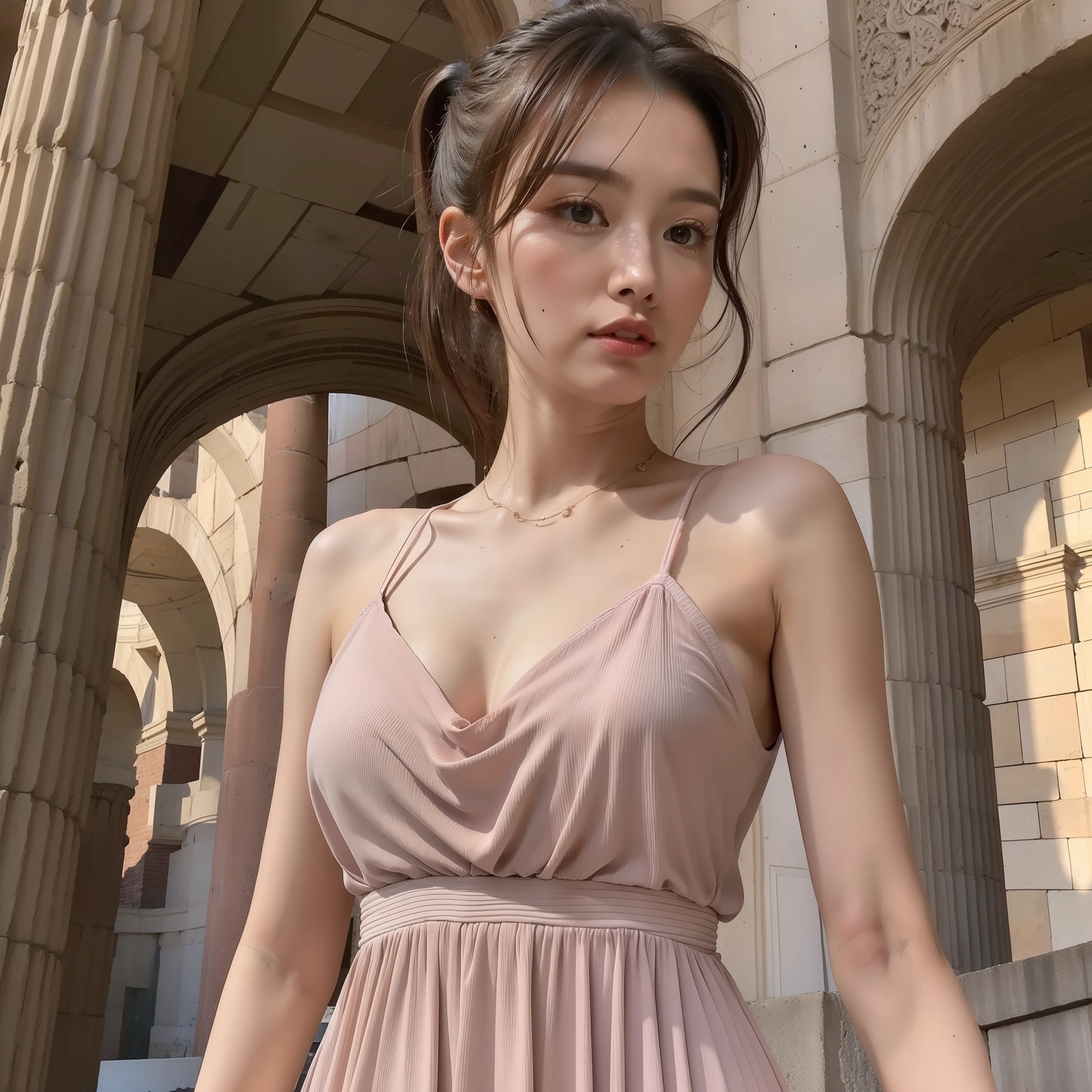 Skinny 1girl Negona upper body photo wavy ponytail hair, sexy dress, chest cloth relax, in the Colosseum, wide angle close-up