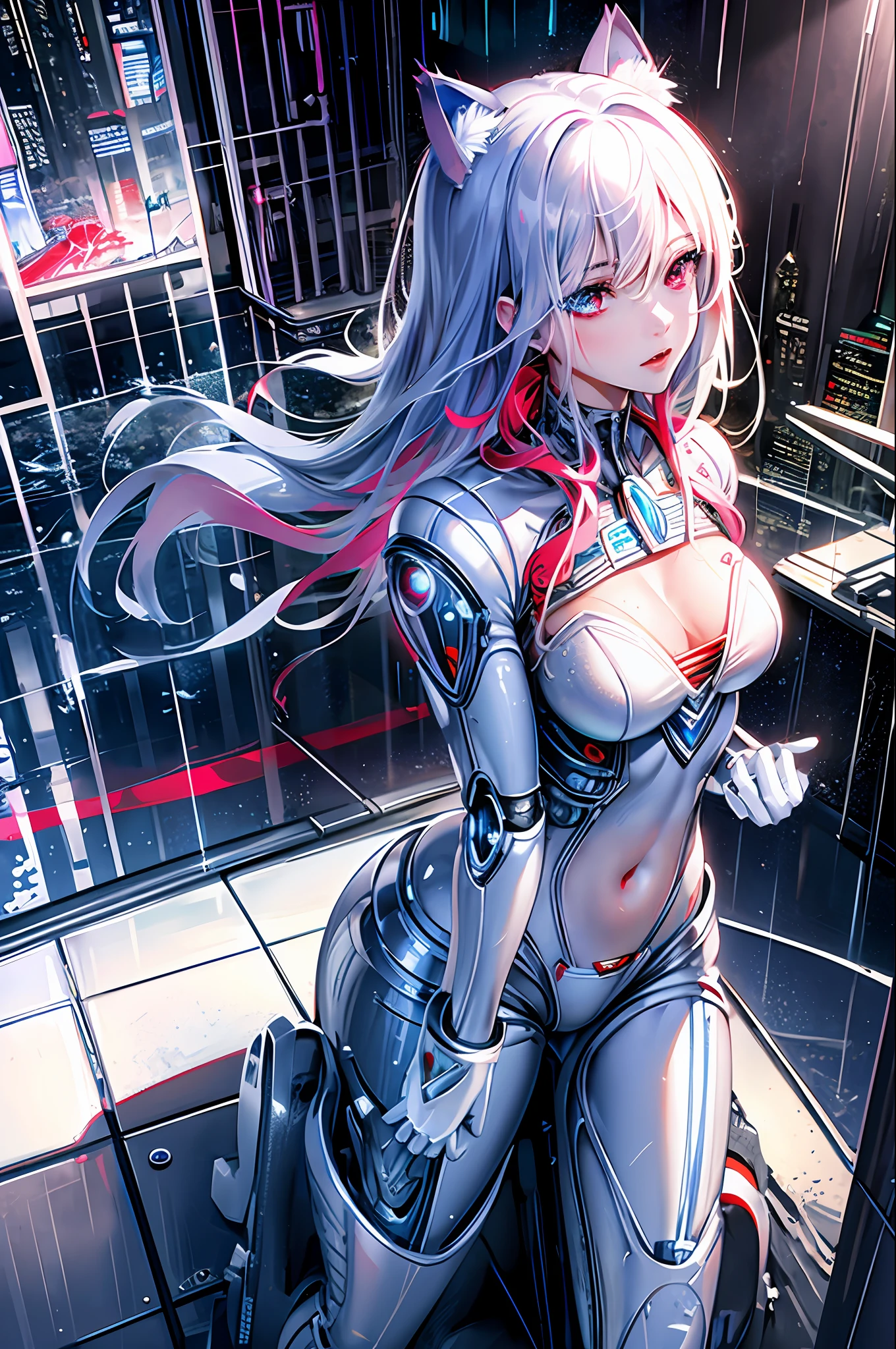 ((Supergirl masterpiece)), (((best quality))), ((ultra-detailed)), ((illustration)), reflection, sharp focus, front lighting, intense shadows, realistic (beautiful detailed blue eyes), eyelashes, an extremely delicate and beautiful girl, cat ears, ((red eyes)), blonde hair, long hair, navel, large shiny skin, mecha_musume, machanical_parts, robot_joints, transparent embroidered silver letter|white latex suit, with superman S on the chest,  cinematic lighting, ray trace, depth of field, dynamic angle, looking at the viewer, (((Cyberpunk City))), (((The Best Building))), (((Rain))), (Blood on the face)