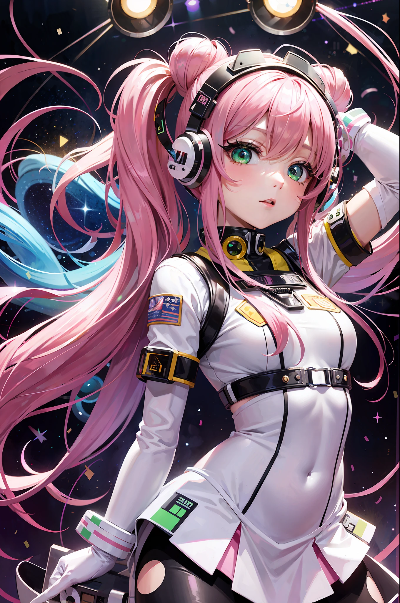 Idol in NASA spacesuit decorated in Harajuku fashion, long pink hair, twin-tailed hairstyle, very cute face, big green eyes, long eyelashes, dancing on dance stage, live house lights, wide spaceship interior background, large audience