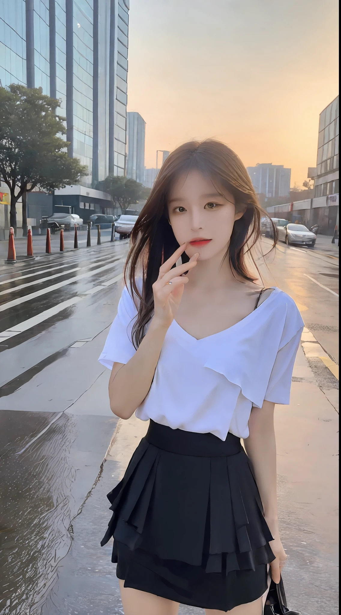 ((Best Quality, 8k, Masterpiece: 1.3)), Focus: 1.2, Perfect Body Beauty: 1.4, Buttocks: 1.2, (Layered Haircut, Flat Chest: 1.2)), (Rain, Street:1.3), Black Short Sleeves on Upper Body, Horse Face Skirt: 1.1, Highly Detailed Face and Skin Texture, Fine Eyes, Double Eyelids, Whitened Skin, Long Hair, (Shut Up: 1.3), Full Body
