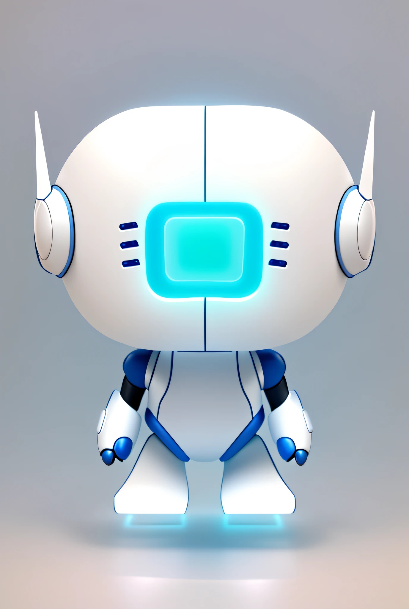 A cartoon robot with headphones and blue ribbon, humanoid, cute robot, anthropomorphic robot [thing], ((robot)), cute humanoid robot, this character has frozen movement, robot, tin toy character design robot, white robot, Toonix character, robot mode, friendly humanoid cyberbot, very cute robot zen