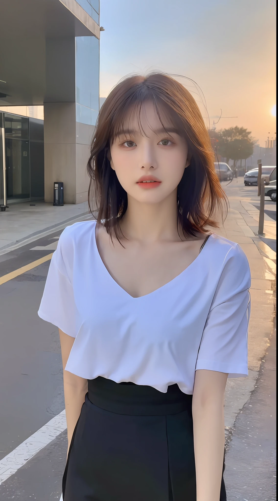 ((Best Quality, 8k, Masterpiece: 1.3)), Focus: 1.2, Perfect Body Beauty: 1.4, Buttocks: 1.2, (Layered Haircut, Flat Chest: 1.2)), (Rain, Street:1.3), Black Short Sleeves on Upper Body, Horse Face Skirt: 1.1, Highly Detailed Face and Skin Texture, Fine Eyes, Double Eyelids, Whitened Skin, Long Hair, (Shut Up: 1.3), Full Body