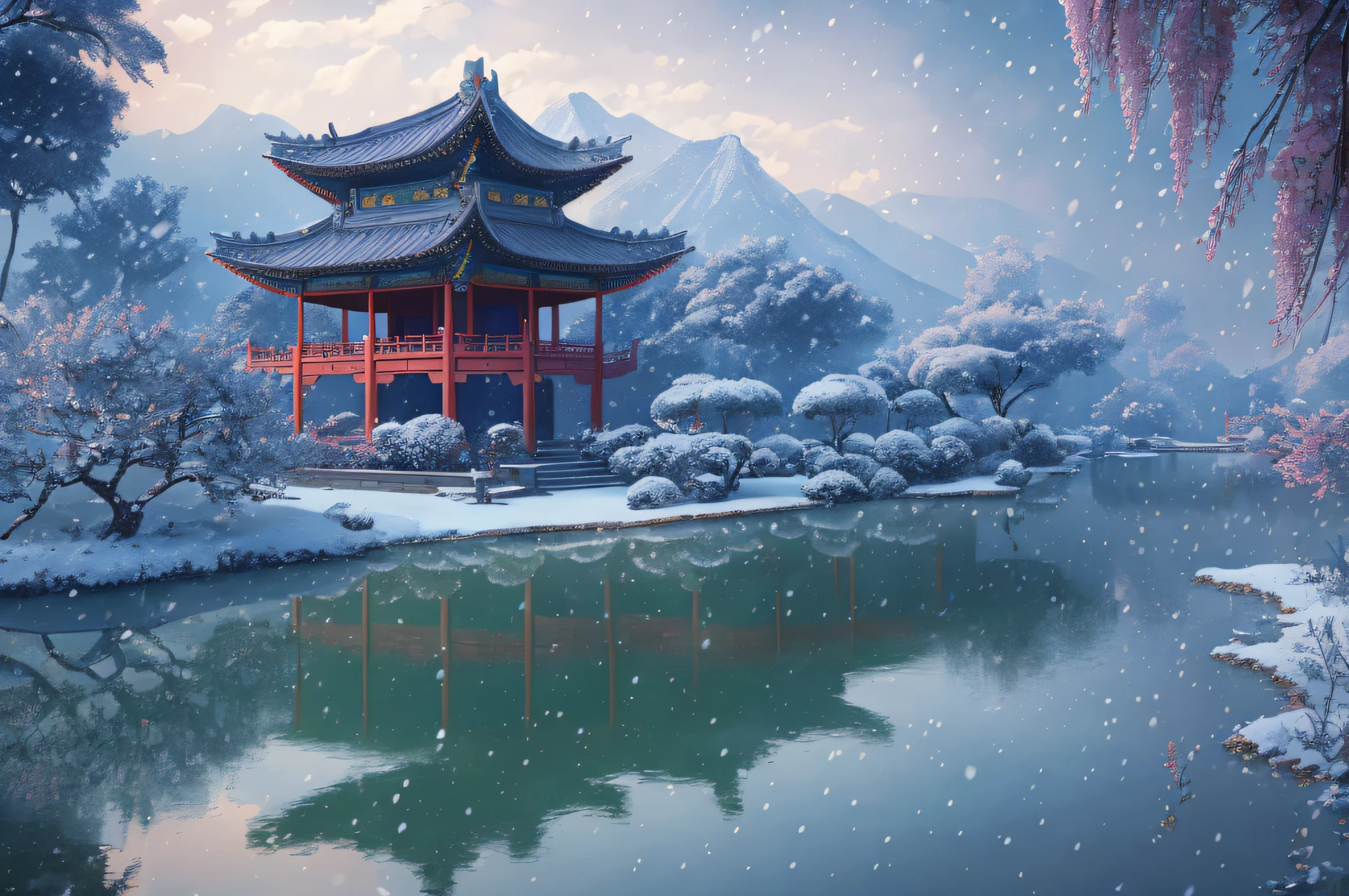Masterpiece, best quality, high quality, extremely detailed CG unity 8k wallpaper, classical Chinese garden, landscape, Suzhou, winter, ((snowing)), outdoor, medium view, sky, daytime, landscape, water, tree, blue sky, nature, lake, river, cloudy sky, award winning photography, bokeh, depth of field, HDR, bloom, chromatic aberration, realism, very detailed, sad, trends on artstation, trends on CGsociety, intricate, high detail, dramatic, Midjourney art