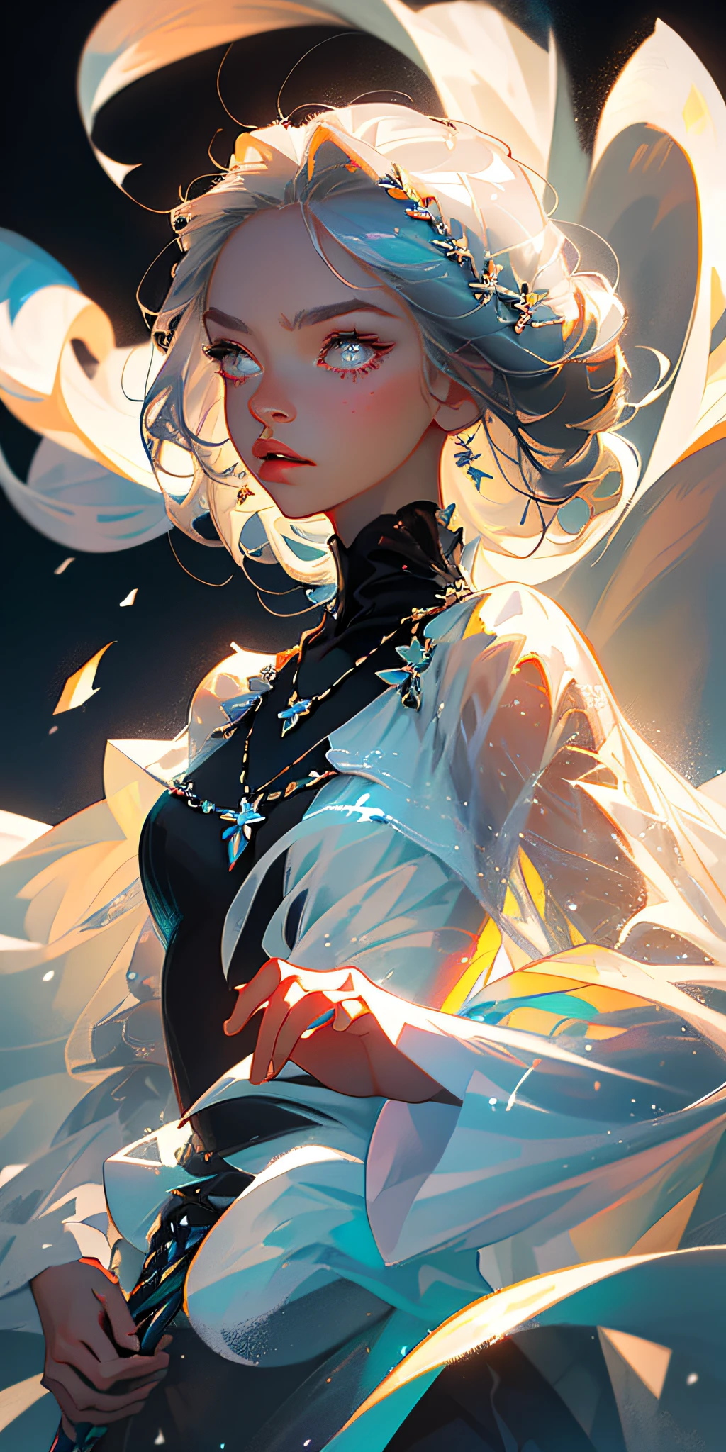 (best quality, masterpiece), 1 girl, pose, particle, wind, flower, upper body, simple background, look at the viewer, focus on face, silver hair, silver eyes, necklace, loose hair, white dress, white pupils