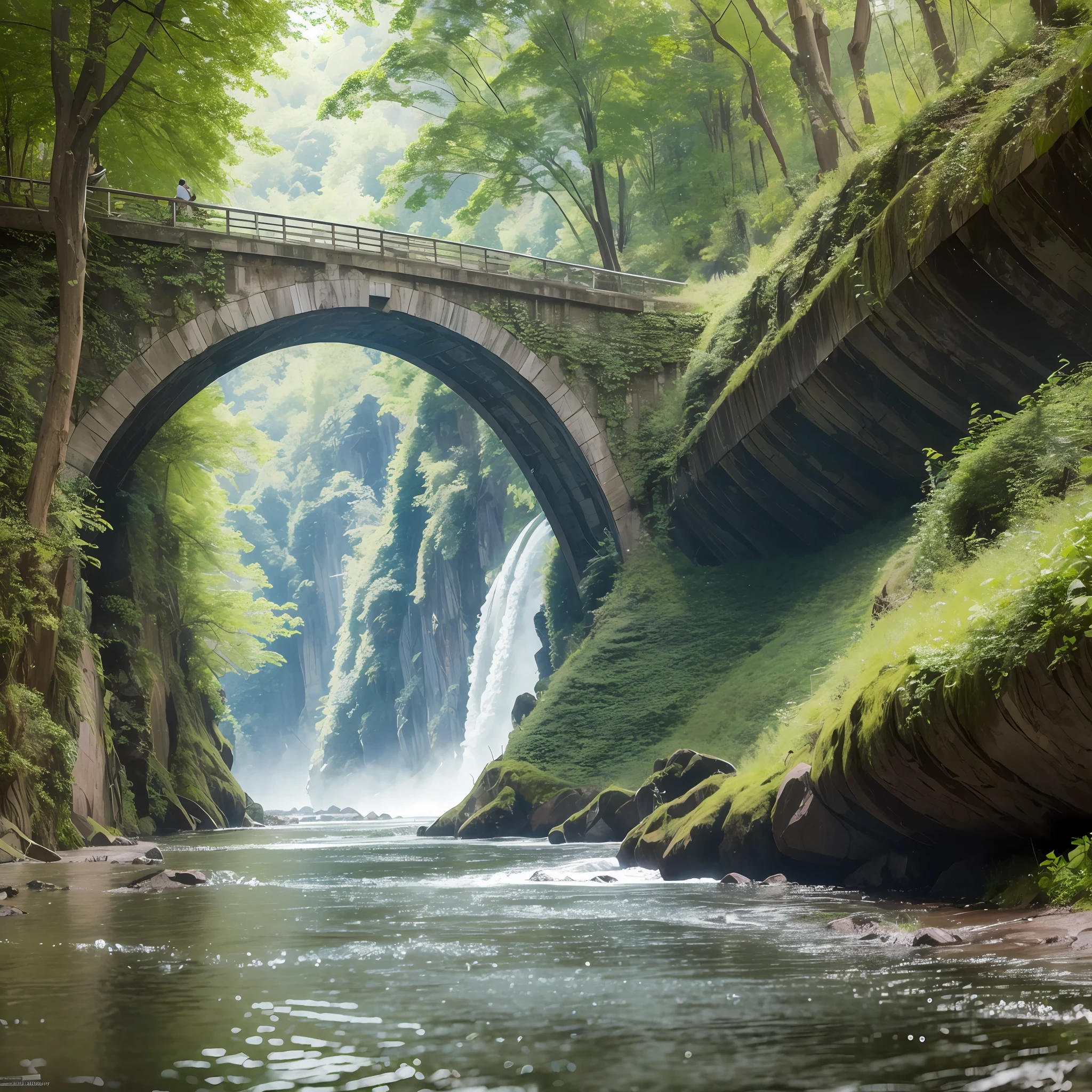 Analog style,ChromaV5,nvinkpunk,(extremely detailed CG unity 8k wallpaper),An image of a majestic river, trees on the sides, tiny waterfall, intense fog ,award winning photography, Chromatic Aberration, Detailed , HDR, Bloom, style by Monet, Pissarro, and Sisley ,trending on ArtStation, trending on CGSociety, art by midjourney --auto --s2