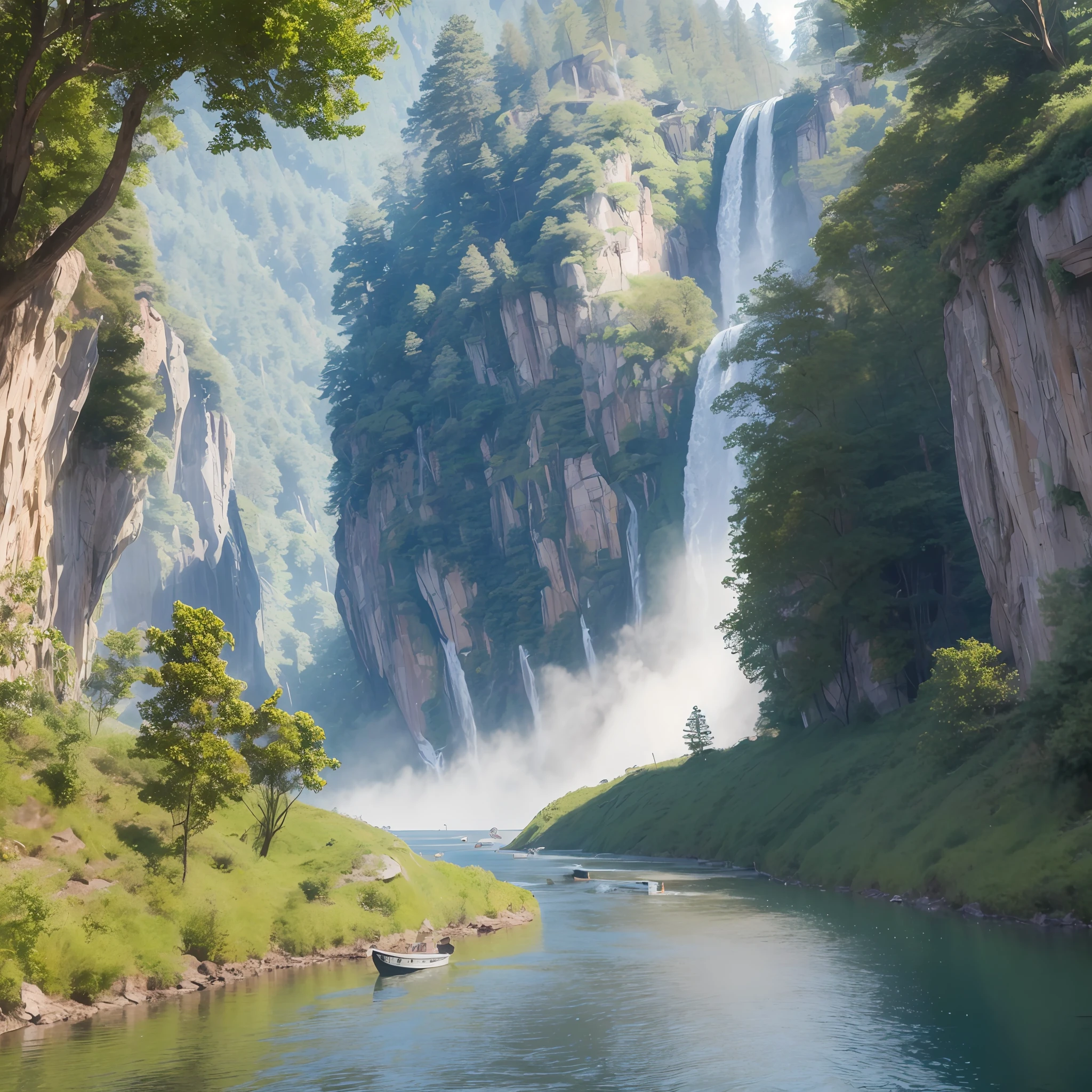 Analog style,ChromaV5,nvinkpunk,(extremely detailed CG unity 8k wallpaper),An image of a majestic river, trees on the sides, tiny waterfall, intense fog ,award winning photography, Chromatic Aberration, Detailed , HDR, Bloom, style by Monet, Pissarro, and Sisley ,trending on ArtStation, trending on CGSociety, art by midjourney --auto --s2