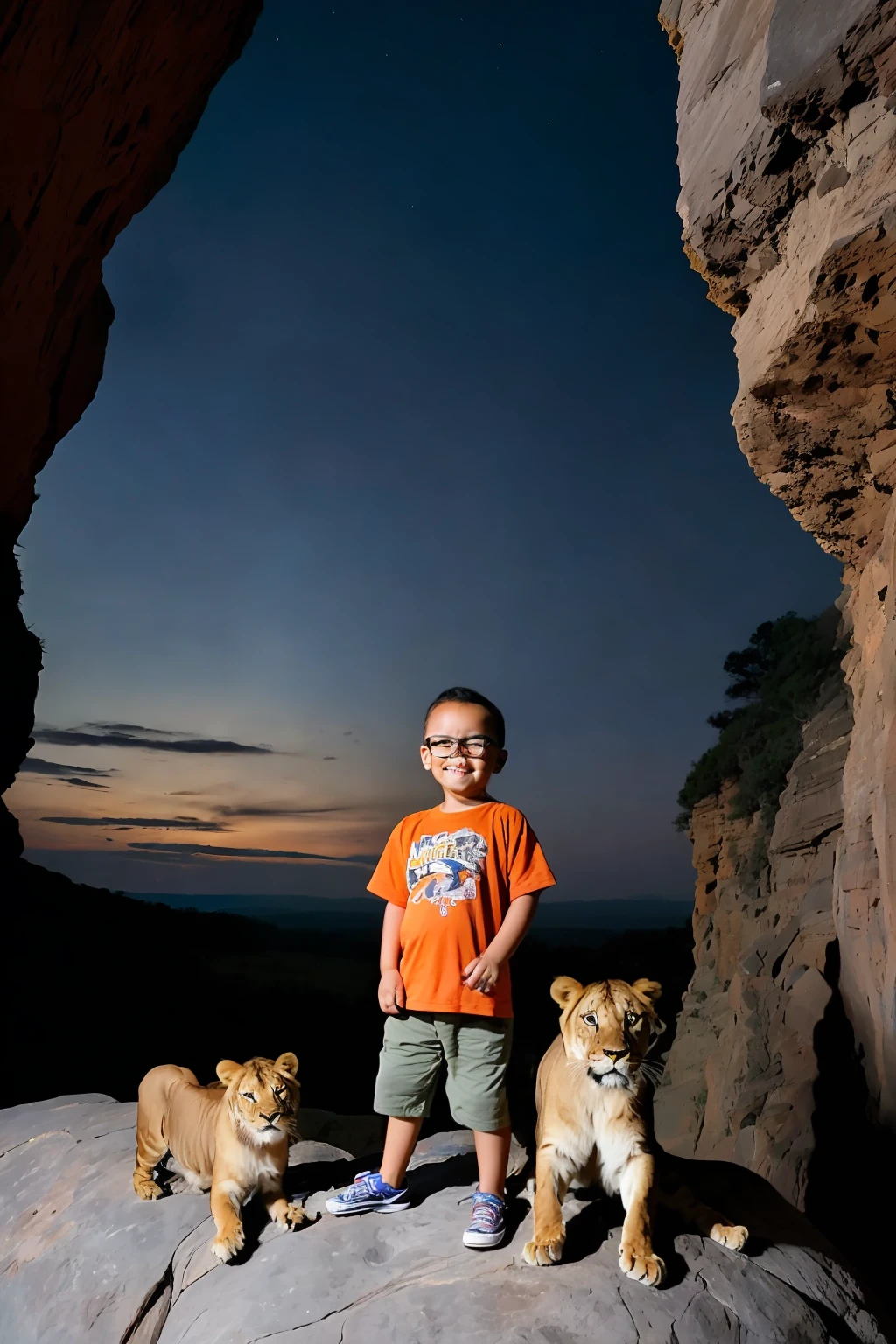 guttonerdvision5 (((a 3-year-old boy))) wearing glasses, detailed face,playing in the middle of a family of lions with the male lion, the female lioness and the cute cubs. Scene on top of a rock, with air of fun, realistic, ultra detailed, reddish sky of the sunset.