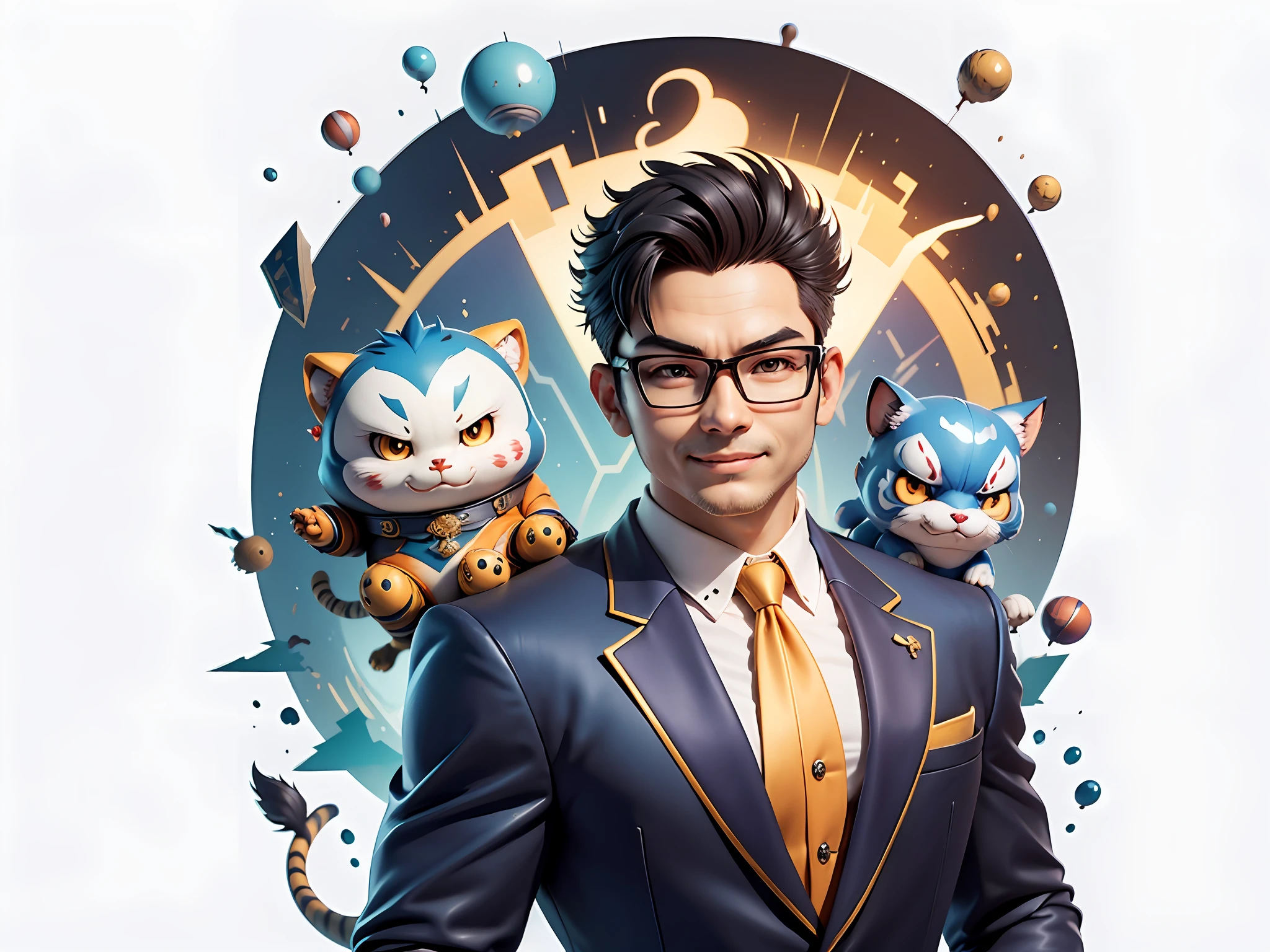 (Masterpiece), (Extreme Quality), (Super Meticulous), (Full Body: 1.2), Super Young Man, Chinese Dragon, Tiger, Wind God Thor, Sexy, Bursting, Oriental Face, TV Anchor, Bust Portrait Illustration, Black Formal Suit, Blue Tie, Slightly Chubby Face, Silver Glasses, Very Clean Face, No Beard on Chin, Black Super Short Hair, Black Eyes, Confident Smile, 3c Computer Sub-Products, iPad, iPhone, Digital Painting, 3D Character Design by Mark Claireden and Pixar and Hayao Miyazaki and Akira Toriyama, The illustration is a high-definition illustration in 4K resolution with very detailed facial features and cartoon-style visuals.