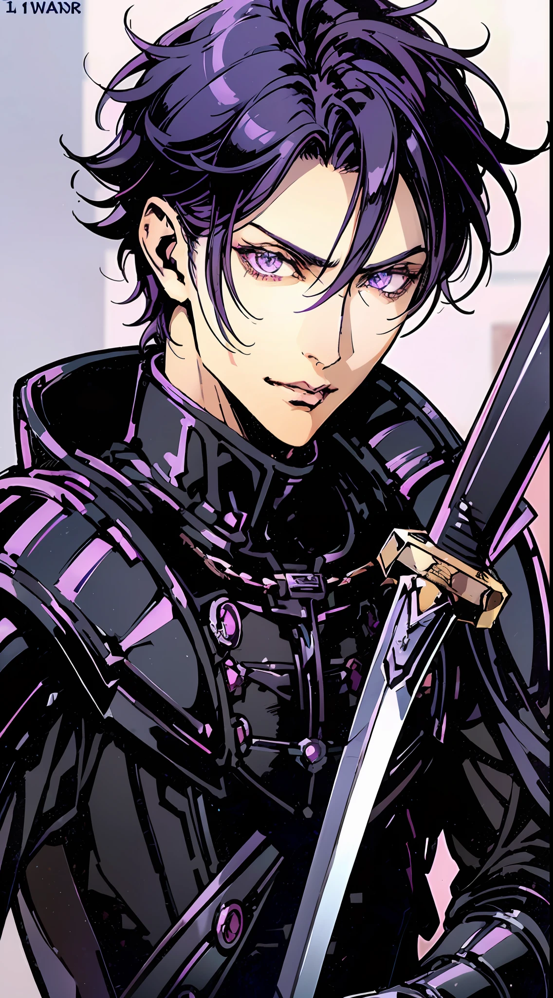 A gorgeous man, age 20, perfect face, black hair, purple eyes, wearing armor, with a sword on his back, 2D, 4k, award-winning digital art, (extremely detailed: 1.5), (soft lighting:1.2) (extremely detailed face), (detailed eyes and face)