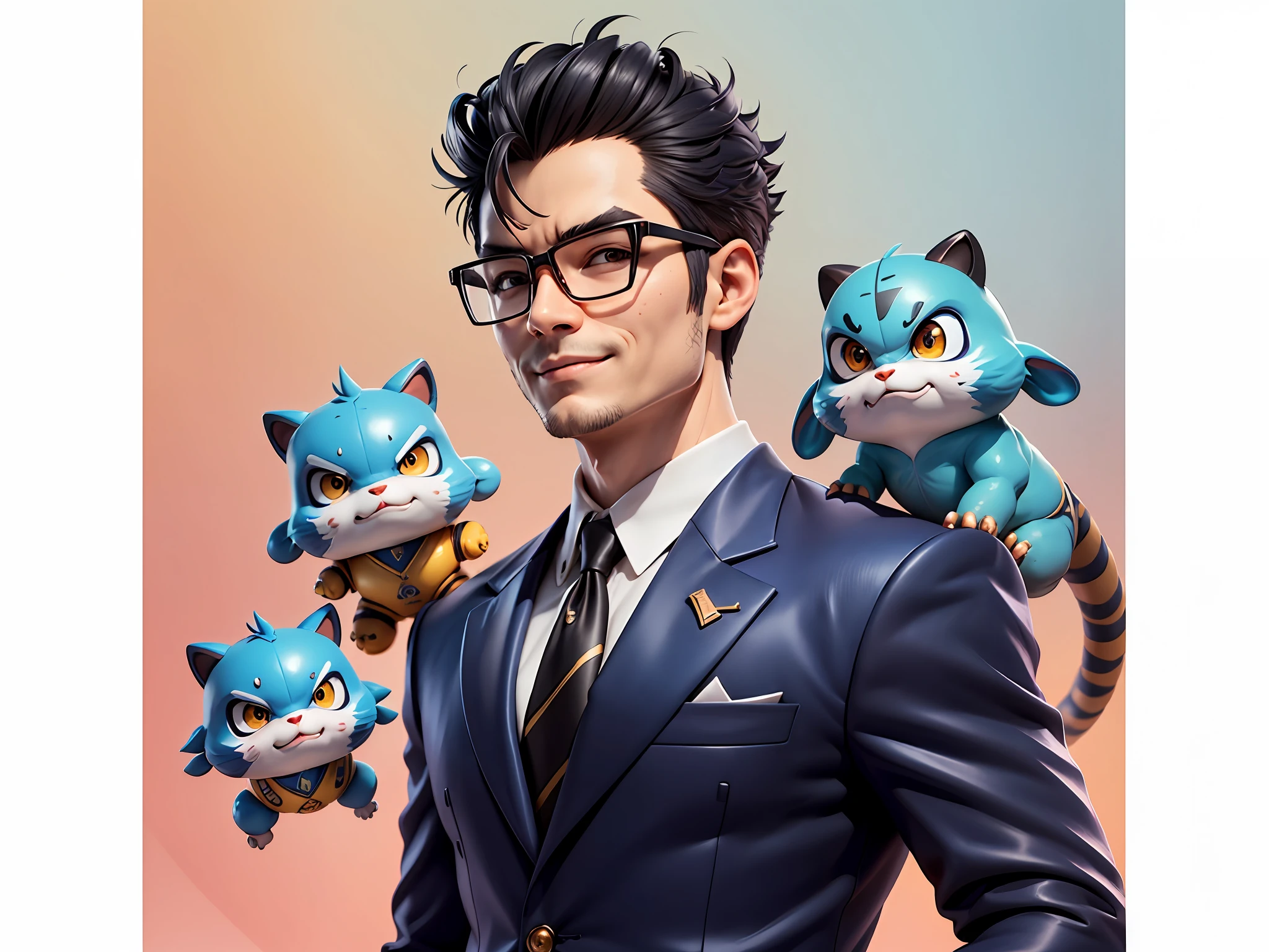 (Masterpiece), (Extreme Quality), (Super Meticulous), (Full Body: 1.2), Super Young Man, Chinese Dragon, Tiger, Wind God Thor, Sexy, Bursting, Oriental Face, TV Anchor, Bust Portrait Illustration, Black Formal Suit, Blue Tie, Slightly Chubby Face, Silver Glasses, Very Clean Face, No Beard on Chin, Black Super Short Hair, Black Eyes, Confident Smile, 3c Computer Sub-Products, iPad, iPhone, Digital Painting, 3D Character Design by Mark Claireden and Pixar and Hayao Miyazaki and Akira Toriyama, The illustration is a high-definition illustration in 4K resolution with very detailed facial features and cartoon-style visuals.