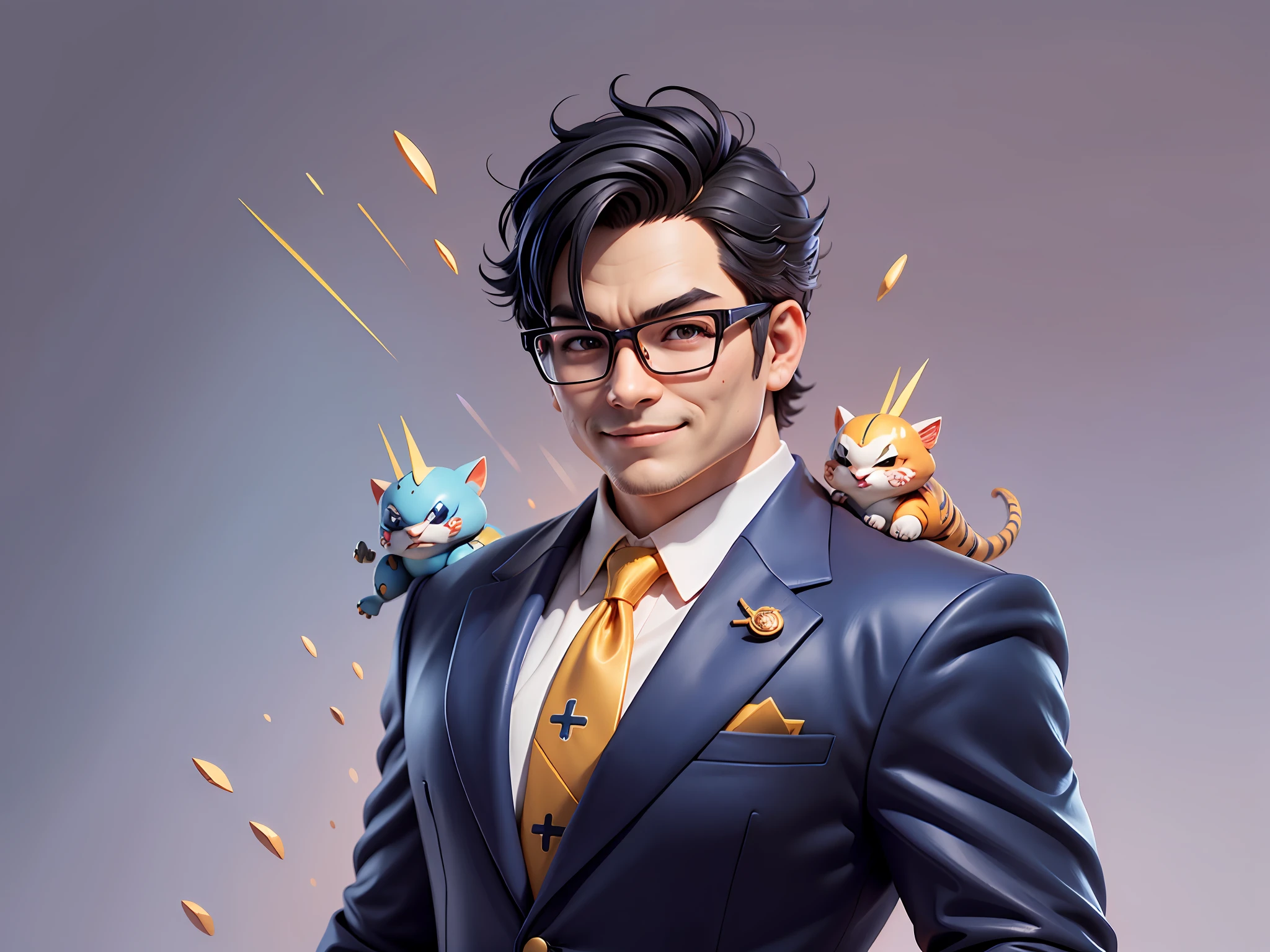 (Masterpiece), (Extreme Quality), (Super Meticulous), (Full Body: 1.2), Super Young Man, Chinese Dragon, Tiger, Wind God Thor, Sexy, Bursting, Oriental Face, TV Anchor, Bust Portrait Illustration, Black Formal Suit, Blue Tie, Slightly Chubby Face, Silver Glasses, Very Clean Face, No Beard on Chin, Black Super Short Hair, Black Eyes, Confident Smile, 3c Computer Sub-Products, iPad, iPhone, Digital Painting, 3D Character Design by Mark Claireden and Pixar and Hayao Miyazaki and Akira Toriyama, The illustration is a high-definition illustration in 4K resolution with very detailed facial features and cartoon-style visuals.