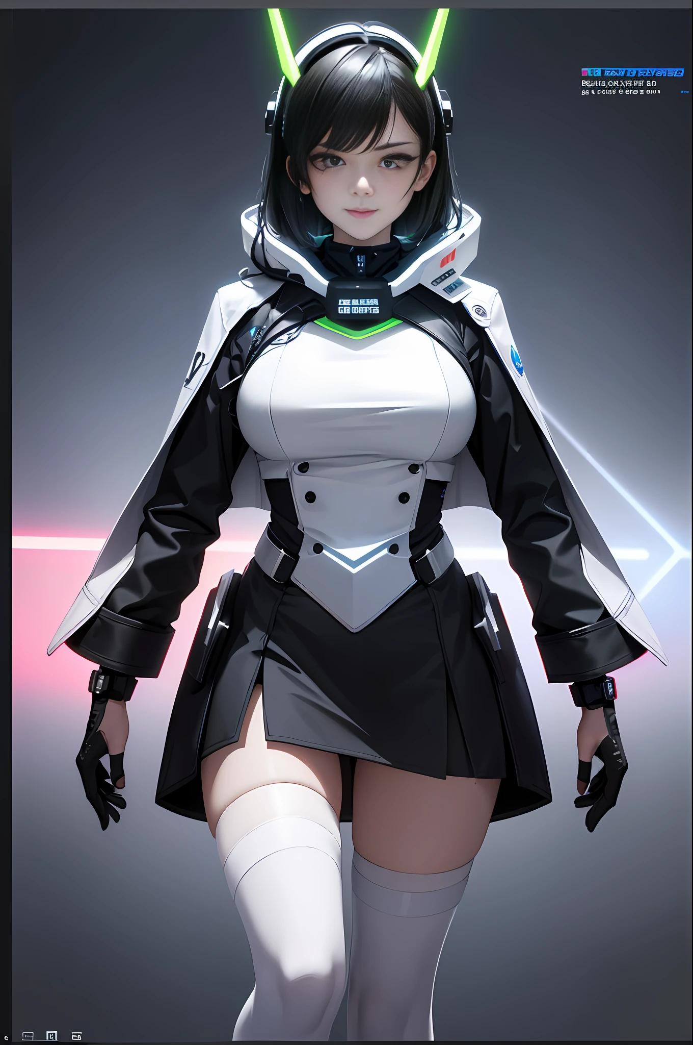 ((Best quality)), ((masterpiece)), (highly detailed:1.3), 3D,full body portrait,rfktr_technotrex, beautiful cyberpunk woman,(wearing head-mounted display that is chunky and hi-tech with neon lights:1.2),wearring a cape,computer hacking,computer terminals,soft glow from neon lights,micro-electronics,computer servers, LCD screens, fibre optic cables, corporate logos,vibrant colours,HDR (High Dynamic Range),Ray Tracing,NVIDIA RTX,Super-Resolution,Unreal 5,Subsurface scattering,PBR Texturing,Post-processing,Anisotropic Filtering,Depth-of-field,Maximum clarity and sharpness,Multi-layered textures,Albedo and Specular maps,Surface shading,Accurate simulation of light-material interaction,Perfect proportions,Octane Render,Two-tone lighting,Low ISO,White balance,Rule of thirds,Wide aperature,8K RAW,Efficient Sub-Pixel,sub-pixel convolution,luminescent particles,light scattering,Tyndall effect
