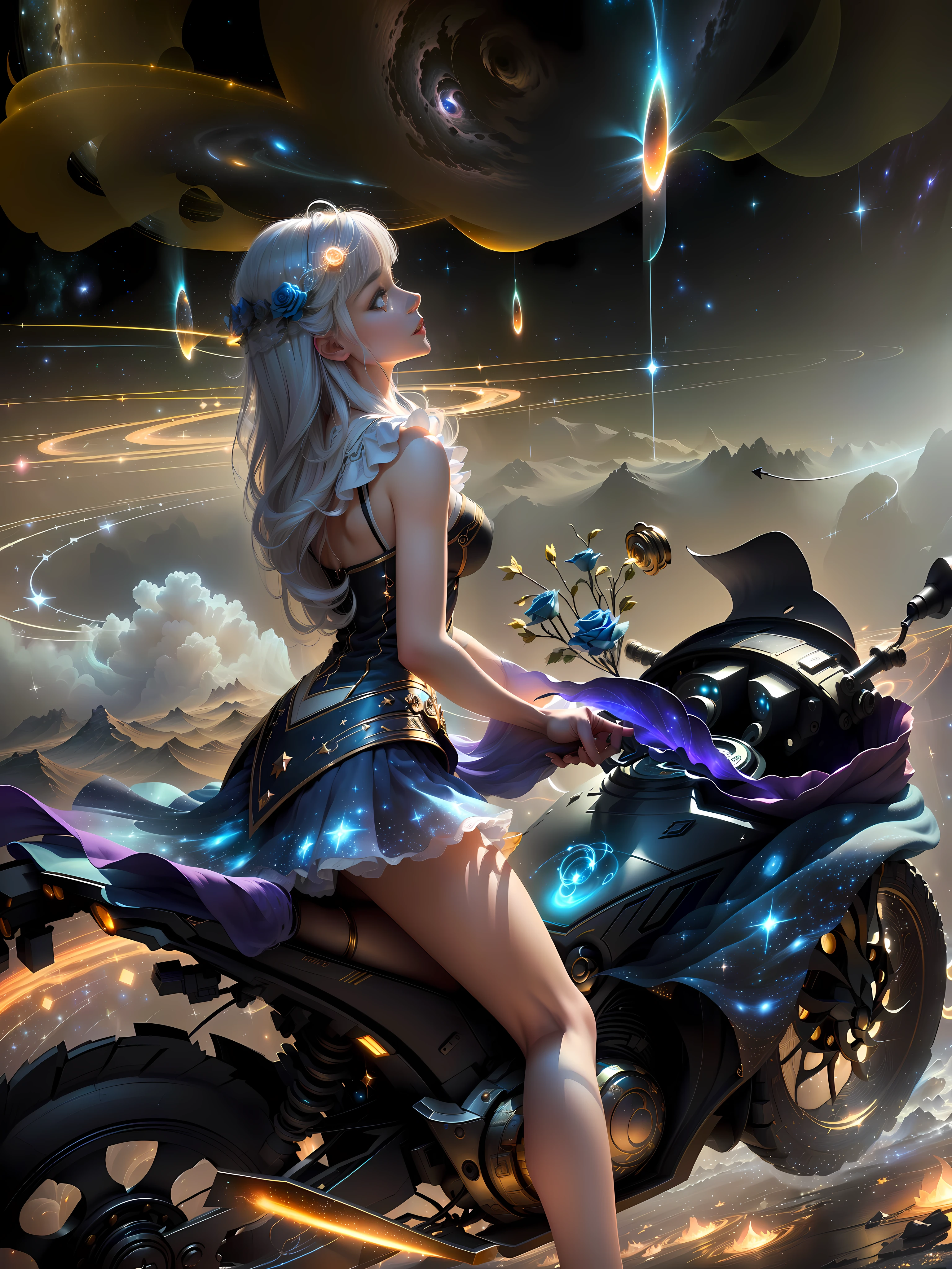 Masterpiece, best quality, (very detailed CG unity 8k wallpaper), (best quality), (best illustration), (best shadows), cosmic theme with natural elements. Circle, surrounded by planetary orbits and turbulence, with fireflies and glowing particle effects, (natural elements), (cosmic theme), (stars), (milky way), (stars), void, (delicate celestial bodies), (luminous), (particle effects). , isometric 3D, Octane rendering, ray tracing, super detailed (extremely detailed CG Unity 8k wallpaper, masterpiece, high quality, super detailed), 1girl (charming girl, lavish decoration, gorgeous, and charming red rose), (dynamic view, dazzling eyes, long silver hair: 1.3, fine collection,) surrounded by arcane runes, (magic and mysterious background, firefly lights, glowing particles, ethereal fog and darkness), high saturation