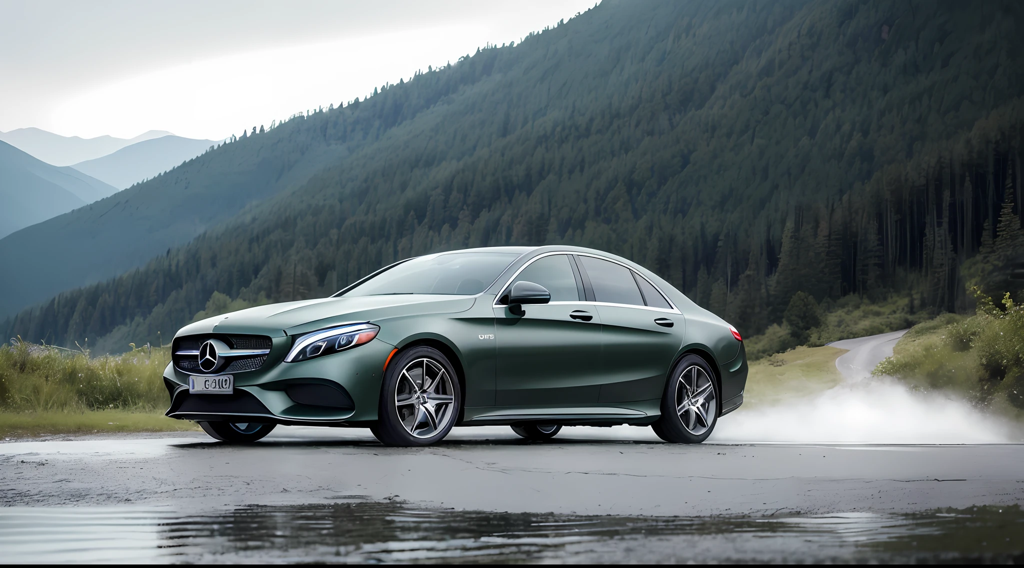 A dark green Mercedes, driving in the mountains and forests in the early morning, showing the rear of the car, tires splashing water on the road, wide angle view: GoPro, f/2.8, motion blur, clean background, further, futuristic, surreal, immersive, elegant, luxurious, refined, octane rendering, edge light, long lens, immersive design, minimalism, white tones, many details --s 100--v 5.1, right top side light, hyperrealistic reflection, motion picture film P30, 16k
