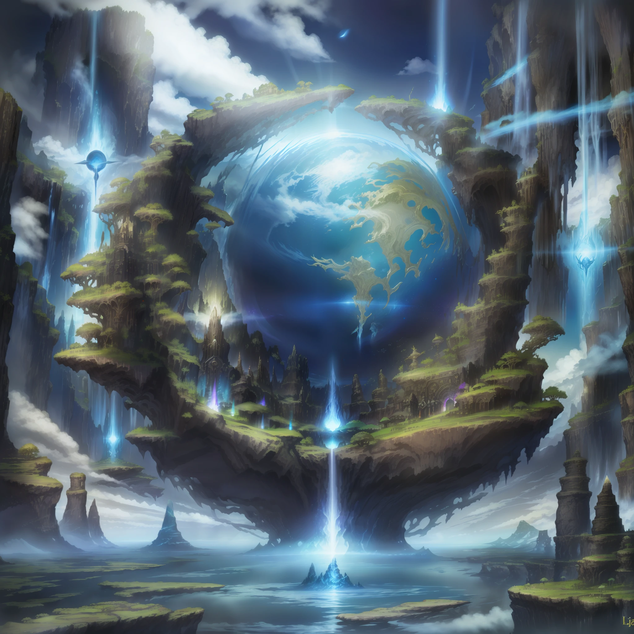 Creation of the dark fantasy world by the gods, principle, light, waters, heavens, earth, elements of nature