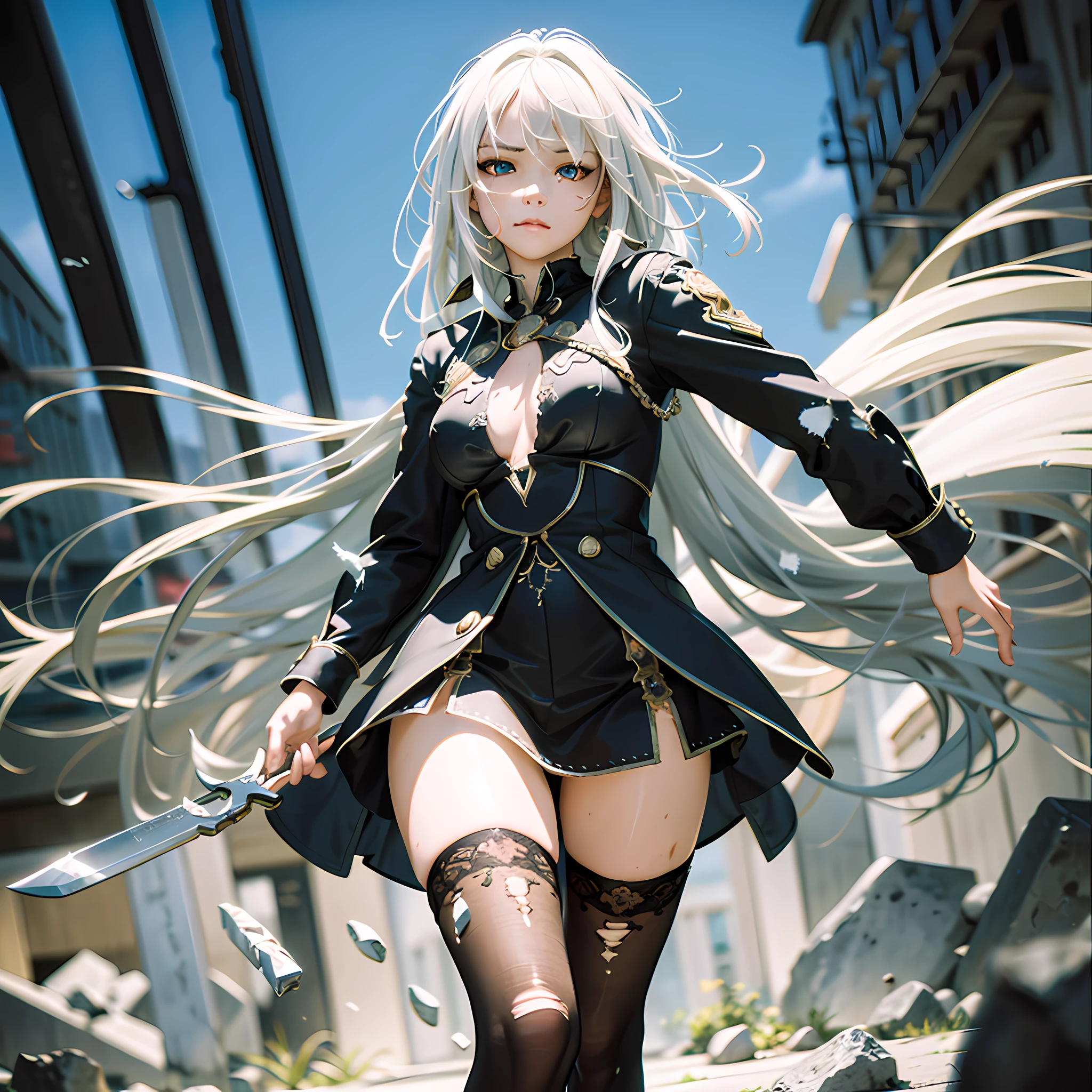best quality, masterpiece, super high resolution, (reality:1.5), art, original photo, dynamic lighting, high resolution, sharp focus, depth of field,1girl, medium, masterpiece, best quality, super detailed, illustration, white hair, super detailed face, high quality face, full body view, fight, bleeding, tattered clothes, pocket knife