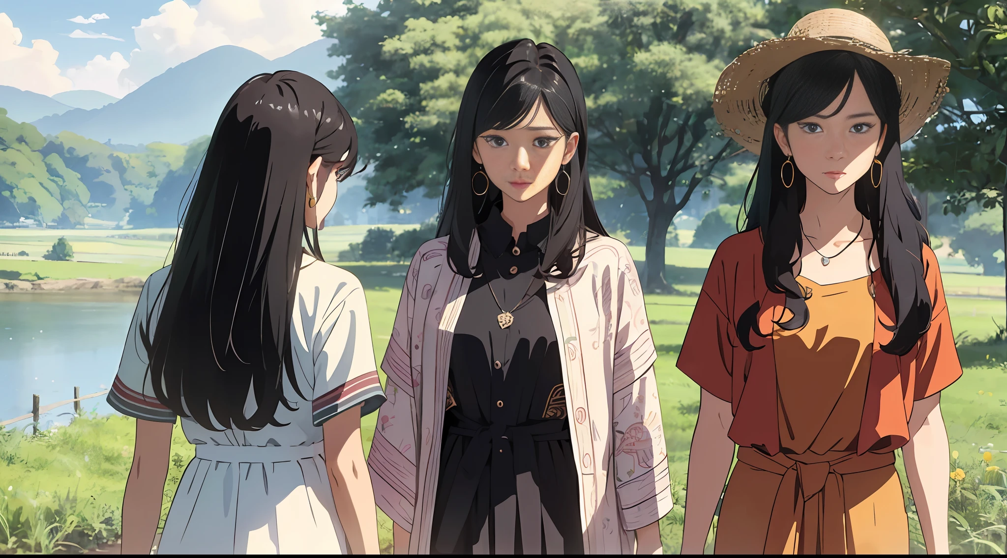 We were a group of six, 4 men: 1.2, (boys: casual wear, handsome, sunshine, simple tattoos), 2 women, Li Na and Liu Wen, standing on a line, standing on the grass outside the countryside, (Li Na: long hair, black hair, curly hair, simple earrings, casual wear, dress, 21 years old), (Liu Wen: long hair, black hair, curly hair, bangs, asymmetrical bangs, simple earrings, simple necklace, casual wear, bandeau dress, 21 years old), meet on a road trip, background is outside the countryside, three-dimensional map, people account for 3/ 4, surreal anime, UHD, textured skin, high quality, high detail --auto --s2