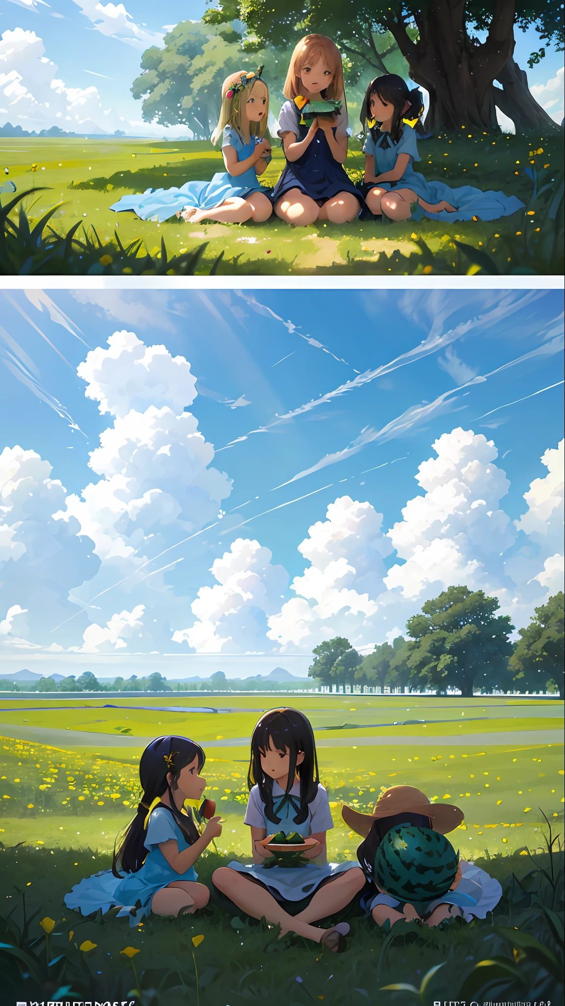 Summer, meadow, a few big watermelons, 3 cute eating watermelon happily, heavenly view, big clouds, blue sky, hot weather, HD detail, wet watermark, hyperdetail, cinematic, surrealism, soft light, deep field focus bokeh, ray tracing and surrealism. --v6