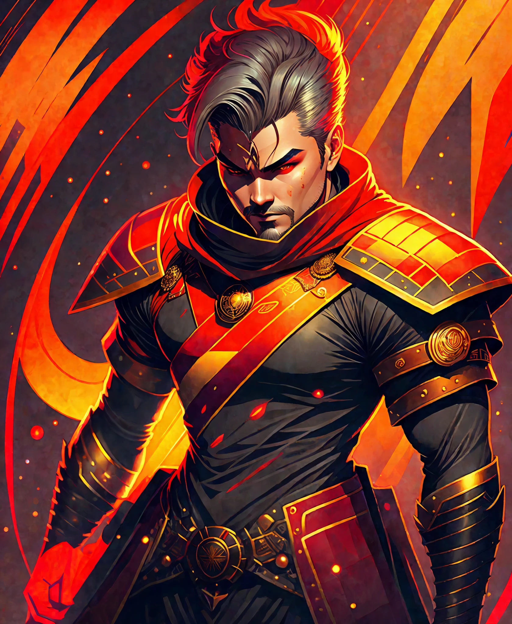 Flash Gordon as a cyberpunk samurai, dark grey space background, red and golden details, artstation, hyperdetailed, 8k, beautiful neon lighting, artstation by James Jean, Moebius, cory loftis, craig mullins, rutkowski, Mucha, hyperdetailed, over the shoulder, close up, james jean, mucha, fractal, vibrant colors, rococo art , 8k resolution, clear shape, defined shape, full body