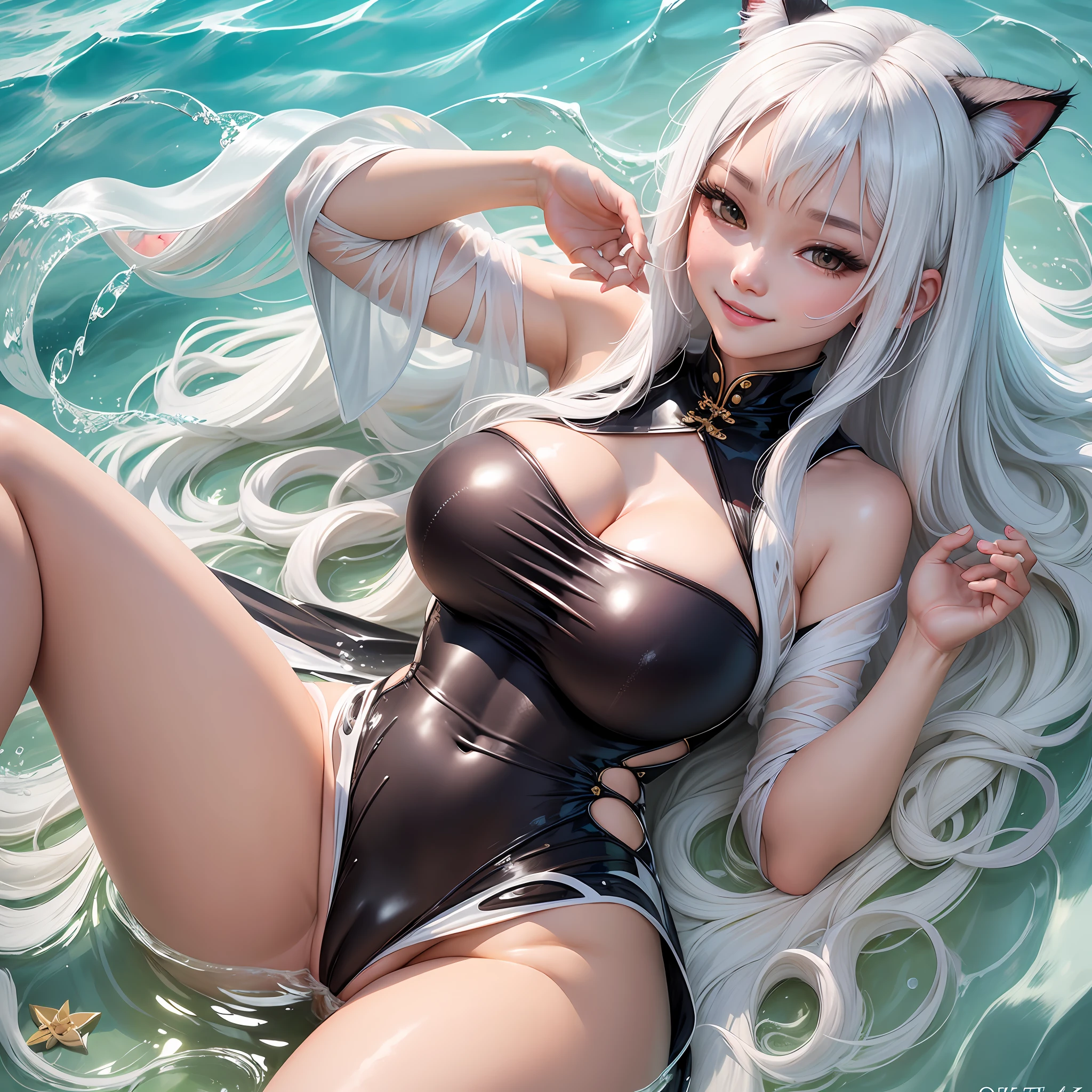 Cat Girl Beauty Swimsuit Big Tits White Liquid Bathing Open Legs Long Hair White Hair Bikini Smile Ao Dai