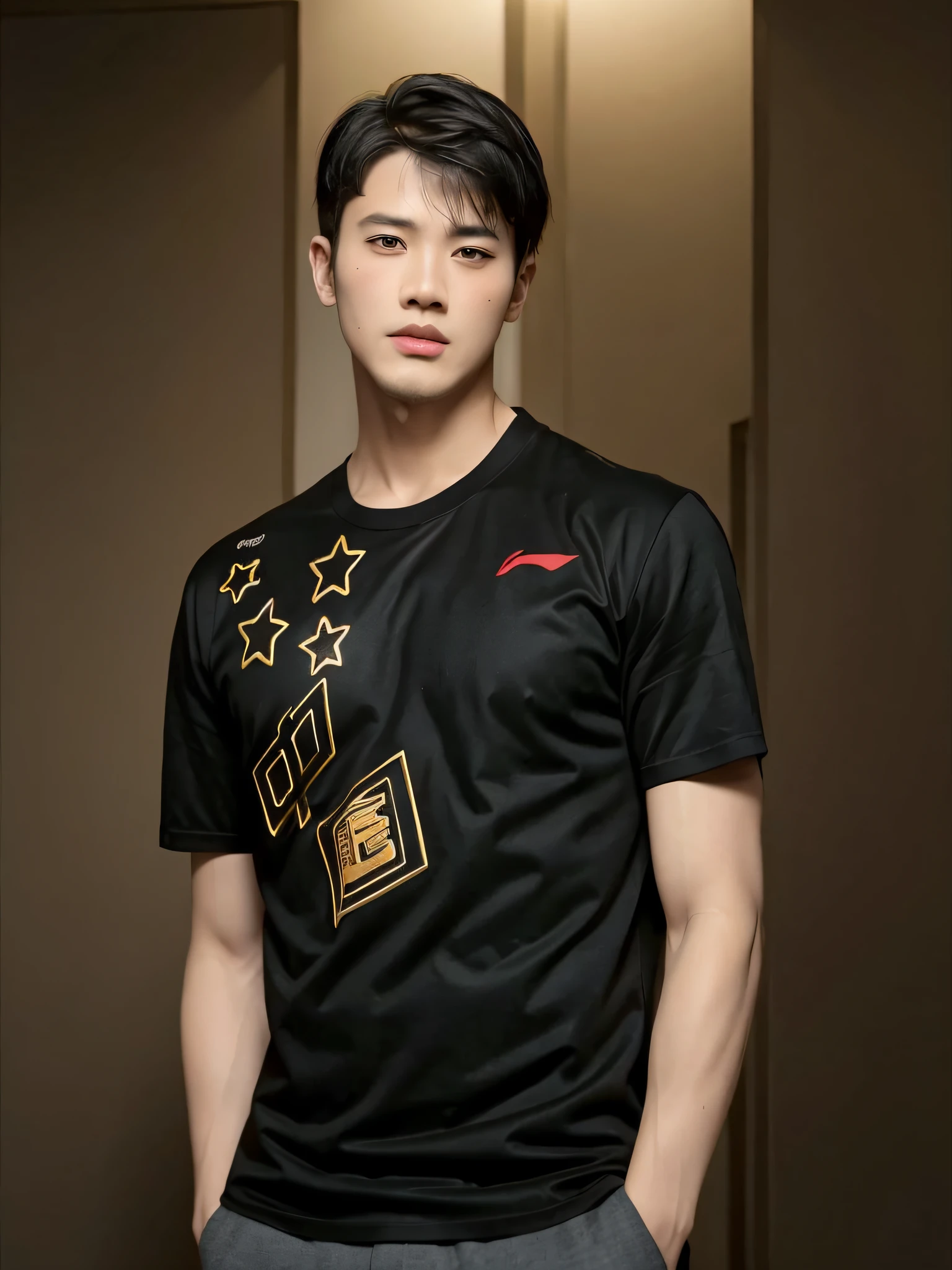 Araferd's black T-shirt man image, red star, black shirt red star, official product picture, short sleeves, inspired by Wang Zhongyu, inspired by Ding Yunpeng, no gradient, only black and red, gold guard, Kurase Jinyao, full product photo, inspired by Huang Gongwang, background on a New York street, black and gold tone, camera shot, panoramic lens, depth of field f16
