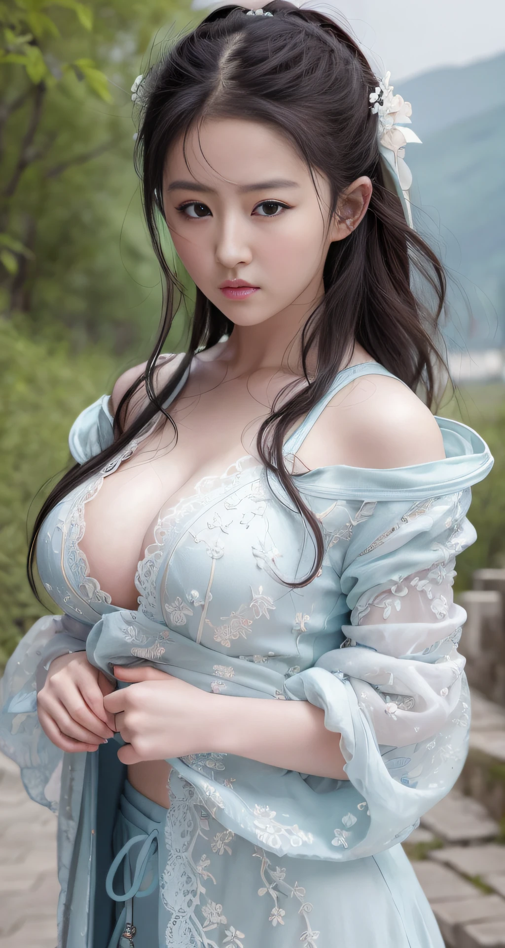 Masterpiece, great work, Liu Yifei, a girl, focusing on the chest, delicate facial features, big breasts,