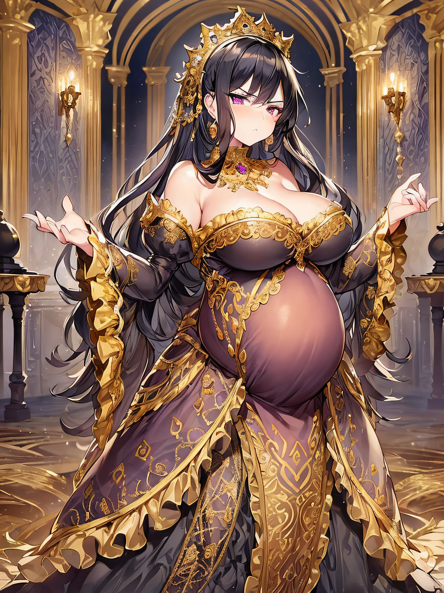 ((anime moe artstyle)),((Masterpiece)), (Best Quality), (Super Detail), Illustration, (((Very Delicate and Beautiful))),Dynamic Angle,Looking at viewer,((((Solo)))),(((Full body))),(((1 arrogant pregnant empress attending a ball wearing gorgeous black ballgown))),((((heavily pregnant)))),(standing),(((arrogant))),(((angry))),(blash),(Purple eyes),Sharp eyes,Detailed Face, Long Eyelashes,(Jet Black Hair),((Straight Hair,Very Long Hair)),((Bangs between eyes)),((((gigantic breasts,Huge breasts,Bulging breasts,Long breasts)))),cleavage,((skindentation)),curvy,See-through,(((luxurious lace and ruffled black and gold rococo ballgown adorned with abundant jewels and gorgeous embroidery))),(((voluminous black and gold rococo dress with a flared hemline))),(fluffy rococo ball gown with gorgeous embroidery and lace),((gold trim)),(((hoop skirt))),long skirt,corset,crinoline,opera gloves,Beautifully Gorgeous jeweled big tiara,Beautifully Gorgeous gem earrings,Beautifully Gorgeous jeweled necklace,Beautifully Gorgeous jeweled ornaments,indoor,light particles,((royal dance hall)),castle ball