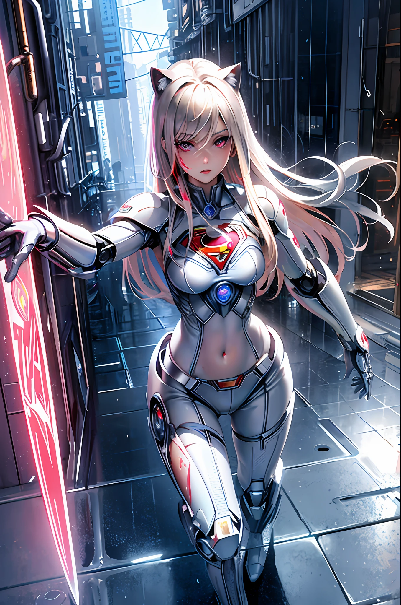 ((Supergirl masterpiece)), (((best quality))), ((ultra-detailed)), ((illustration)), reflection, sharp focus, front lighting, intense shadows, realistic (beautiful detailed blue eyes), eyelashes, an extremely delicate and beautiful girl, cat ears, ((red eyes)), blonde hair, long hair, navel, large shiny skin, mecha_musume, machanical_parts, robot_joints, transparent embroidered silver letter|white latex suit, with superman S on the chest, cinematic lighting, ray trace, depth of field, dynamic angle, looking at the viewer, (((Cyberpunk City))), (((The Best Building))), (((Rain))), (Blood on the face)