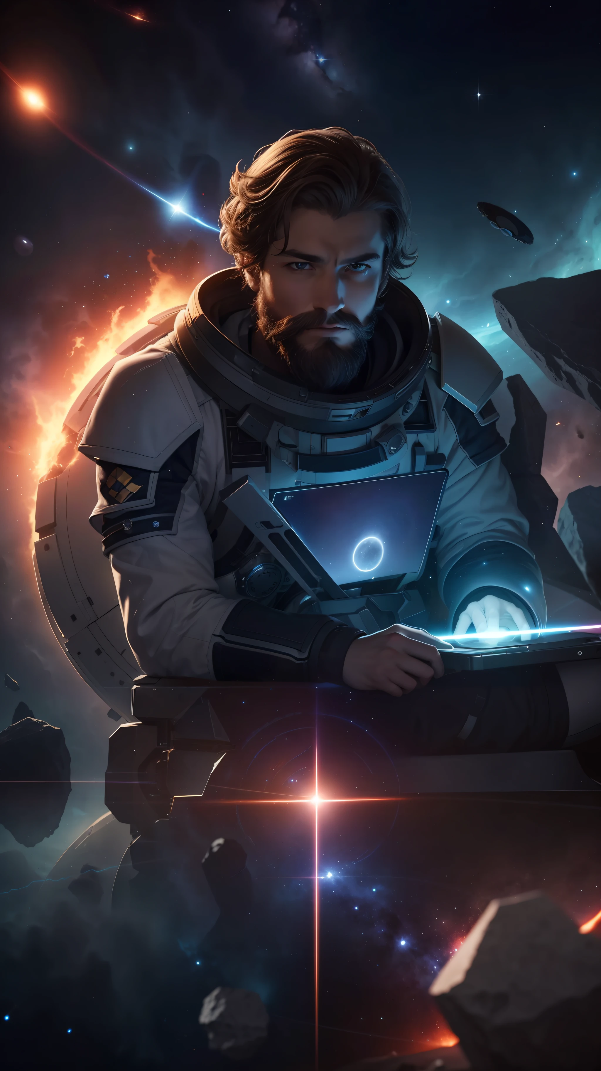 Draw a young space soldier sitting on a research platform floating in the middle of an asteroid belt. He is studying with a laptop, surrounded by several asteroids glowing with auras of fire. The dramatic illumination of distant stars and planets illuminates the scene, casting deep shadows on the costume. The young man seems confident and determined, looking at the vast and mysterious universe with admiration and respect, beard, cowboy shot,