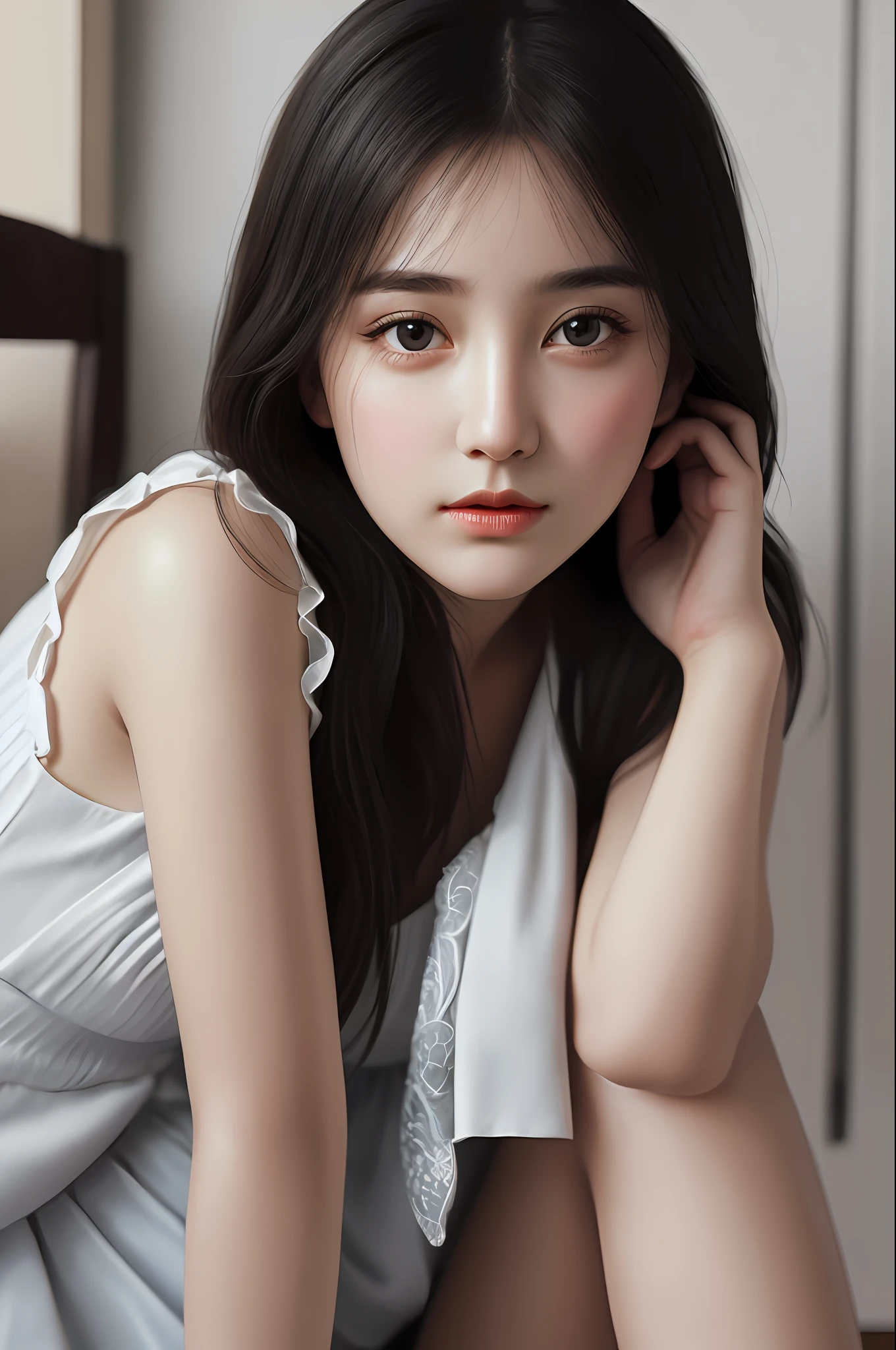 Very detailed eyes, very detailed face, very beautiful woman, best quality, super detailed (photorealistic), very delicate and beautiful legs, beautiful black eyes, absurdity, very detailed expression, professional illustration, shy, late teens or so, sitting